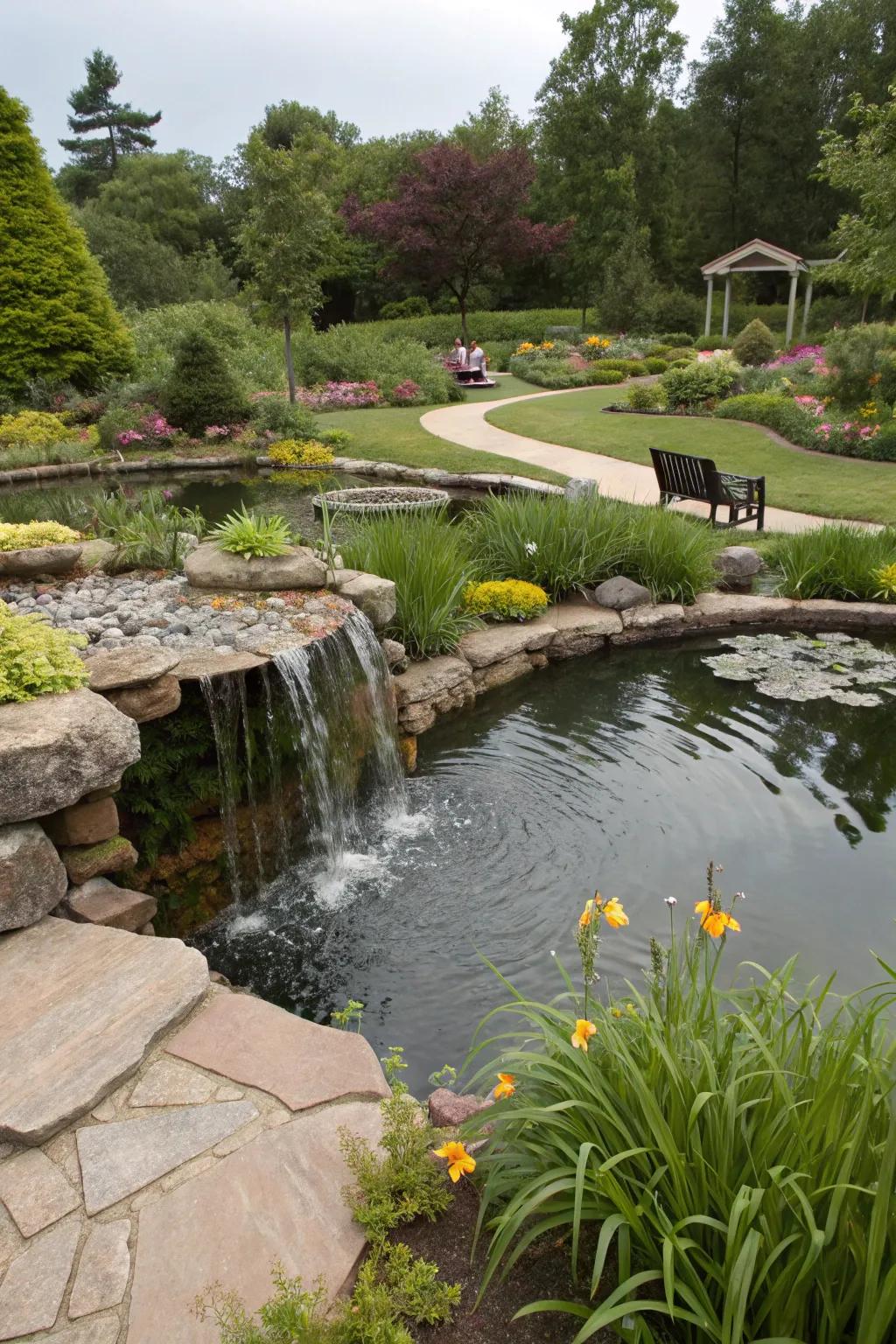A standalone pond serves as a captivating garden centerpiece.