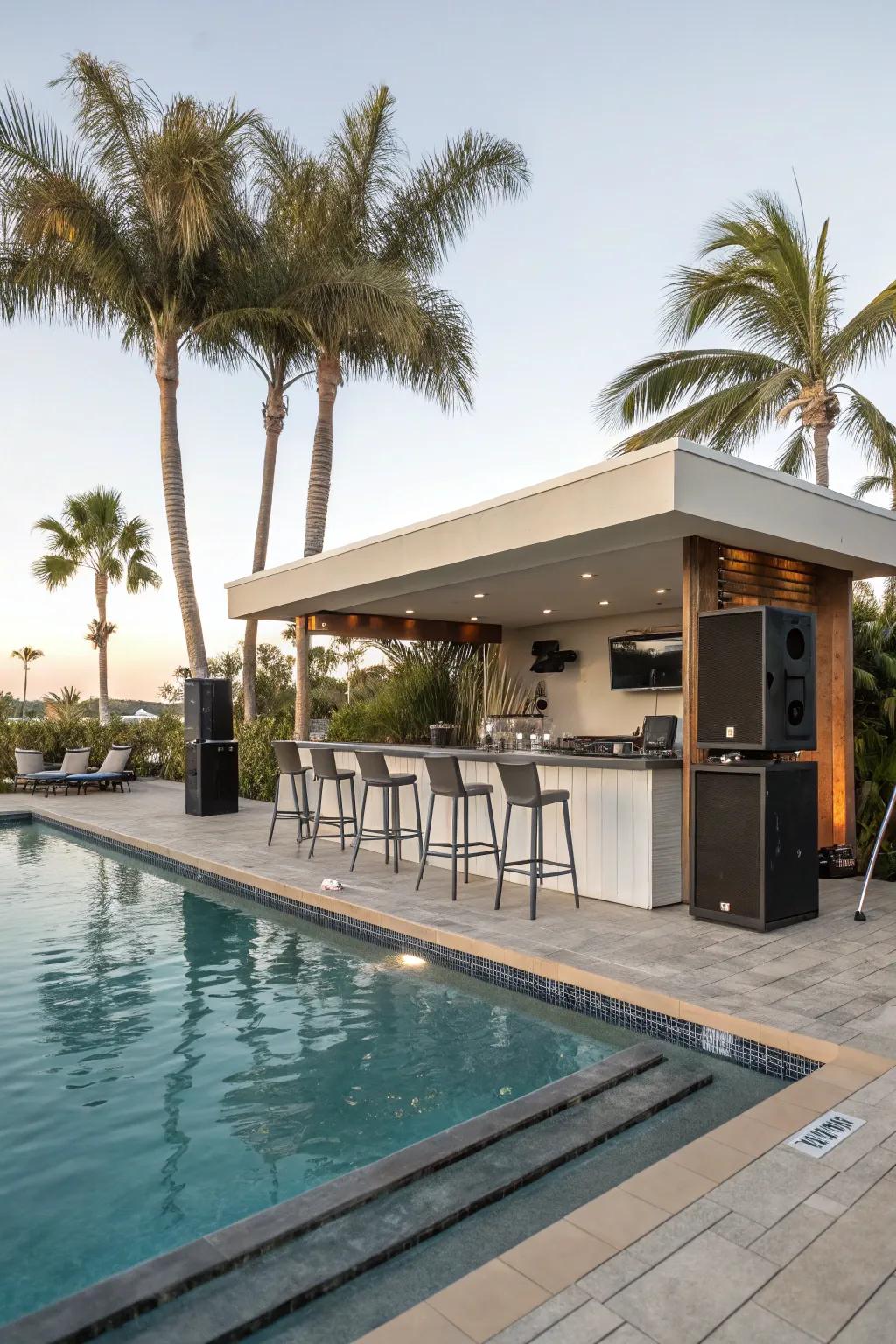 Your poolside bar's entertainment value is increased by a sound system.
