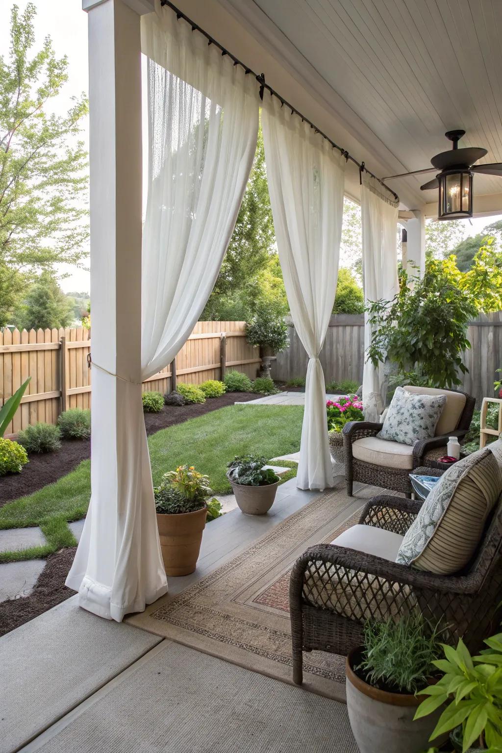 A porch with elegant external drapes for privacy.