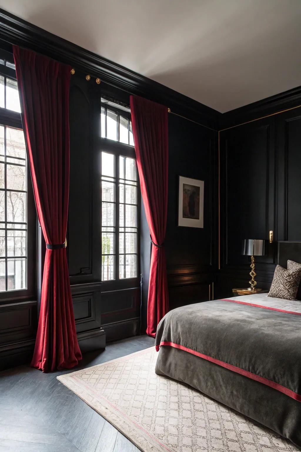 A black bedroom featuring bold drapes framing the windows.