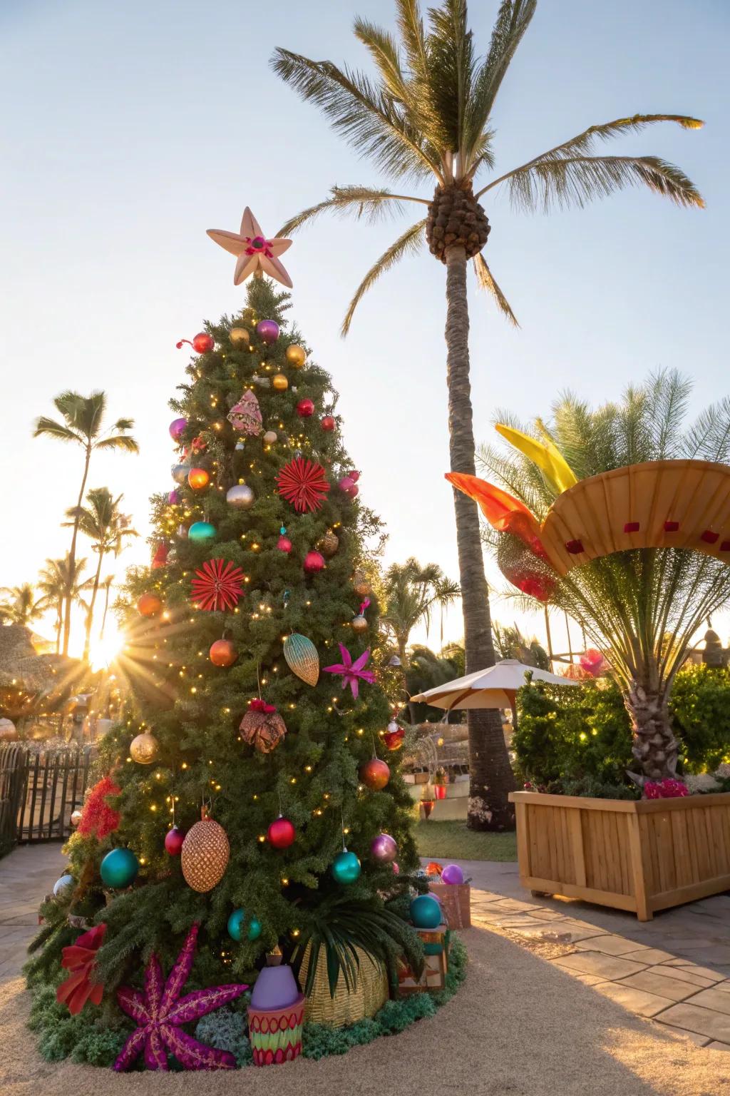 A tropical Christmas tree featuring bright and exotic decorations.