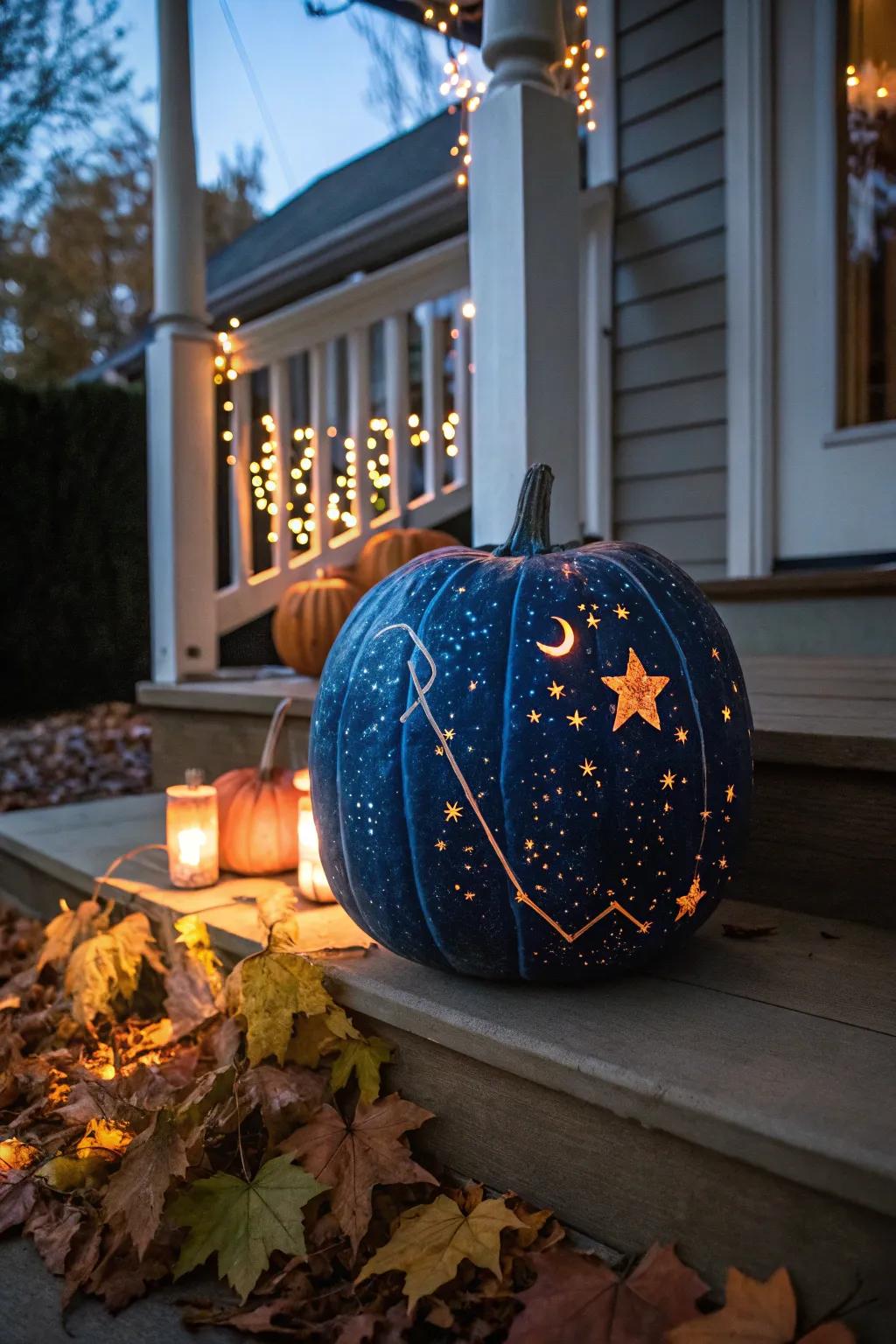 Illuminate your deck through a constellation-sculpted decorative gourd.
