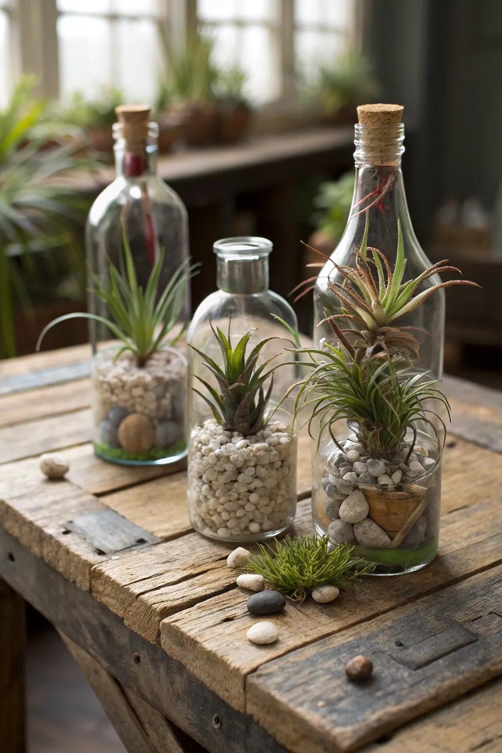 Repurposed glass bottles creating enchanting air plant displays.
