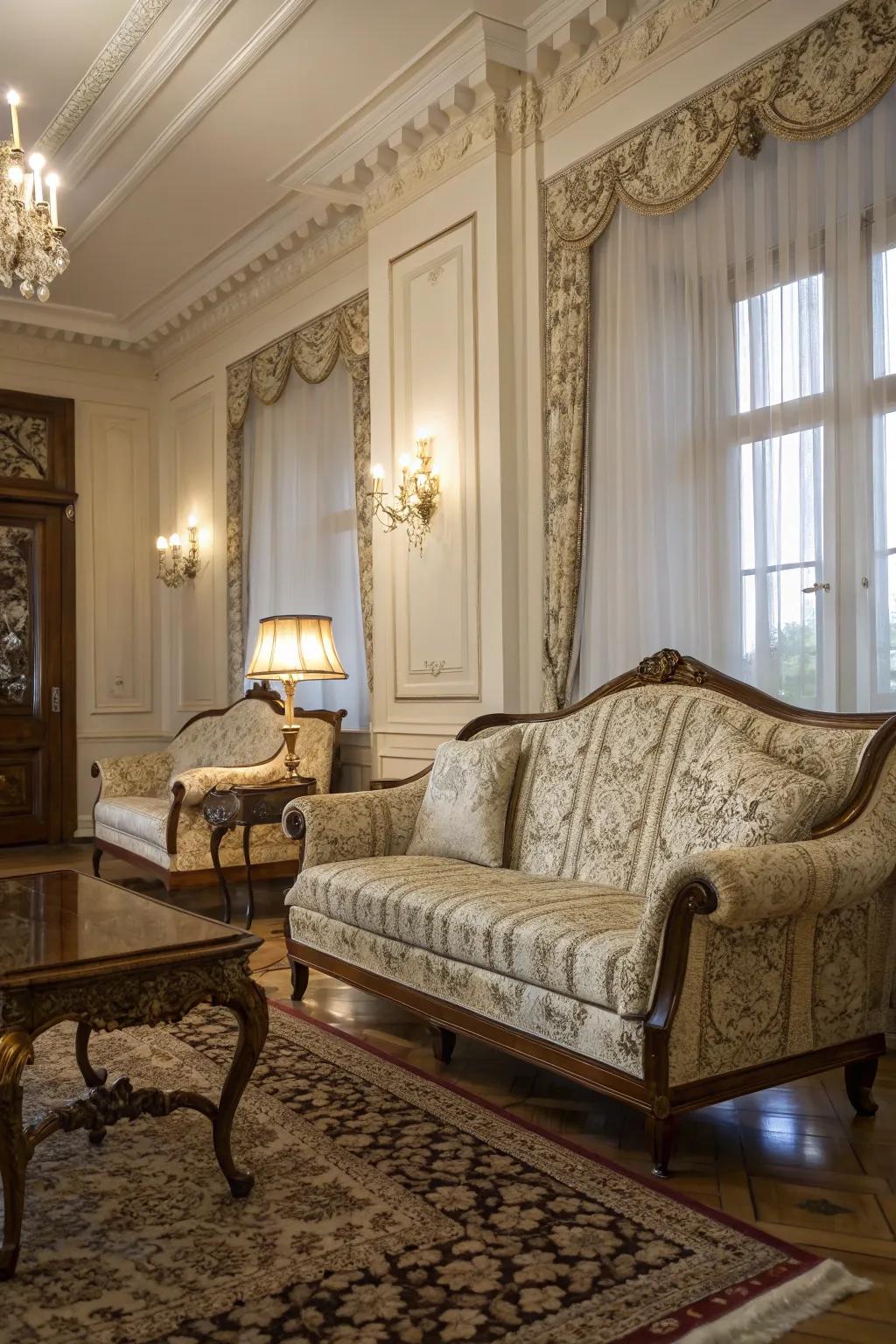 Fancy fabrics introduce lush elegance to a colonial-inspired room.