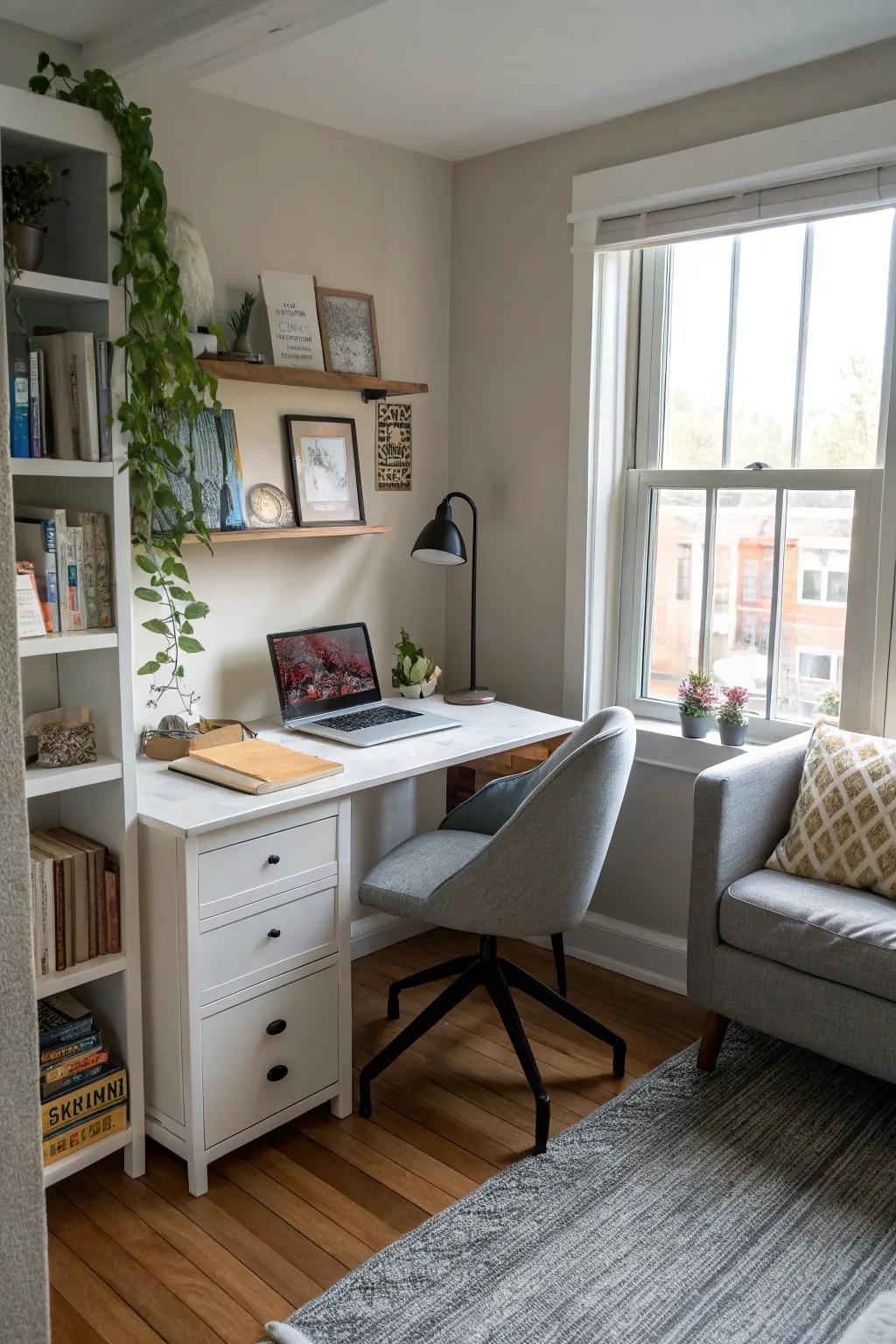 In tight spaces, a home office provides a practical workspace.