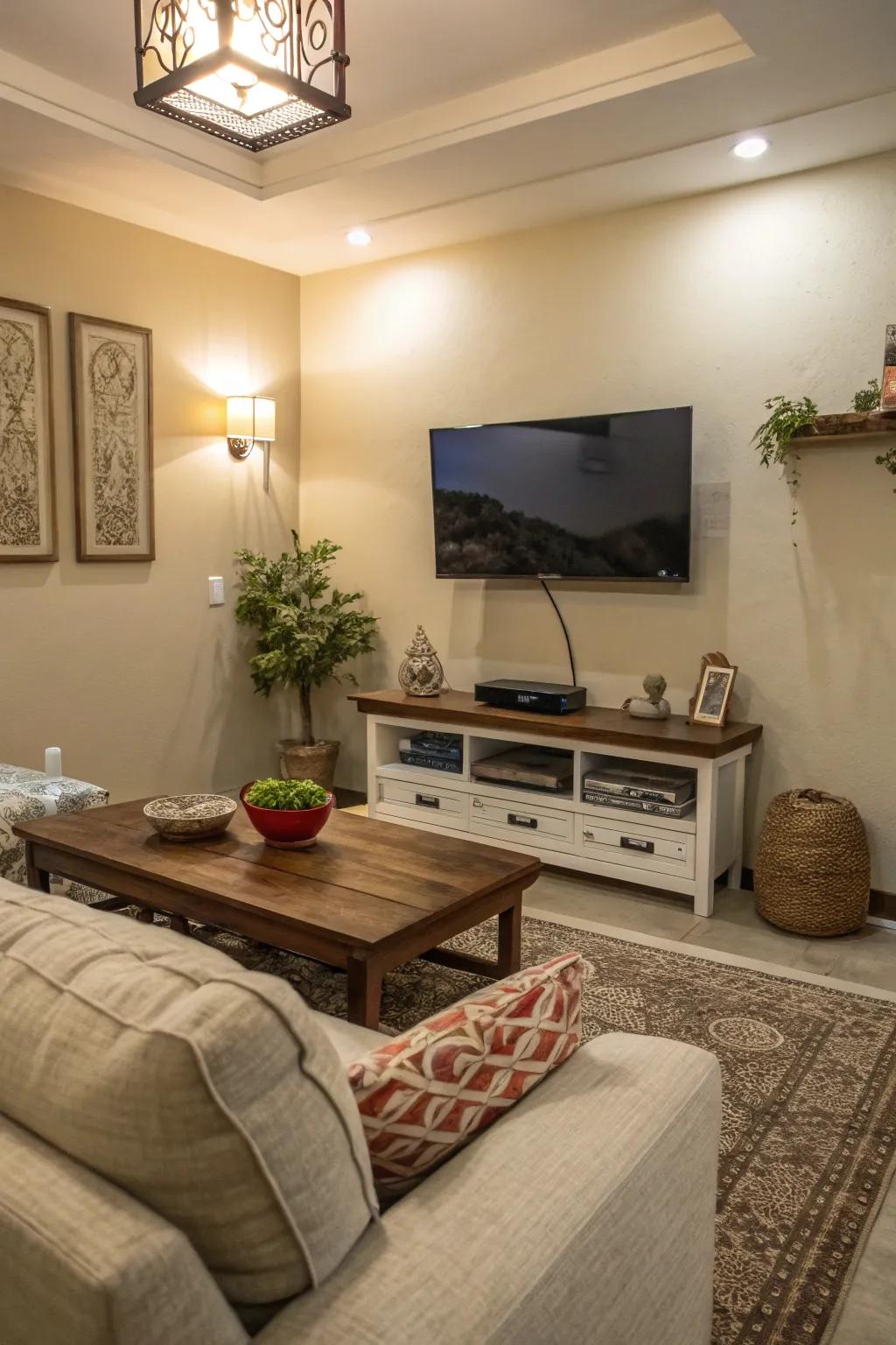 A wall-mounted TV frees up space in this small living space.