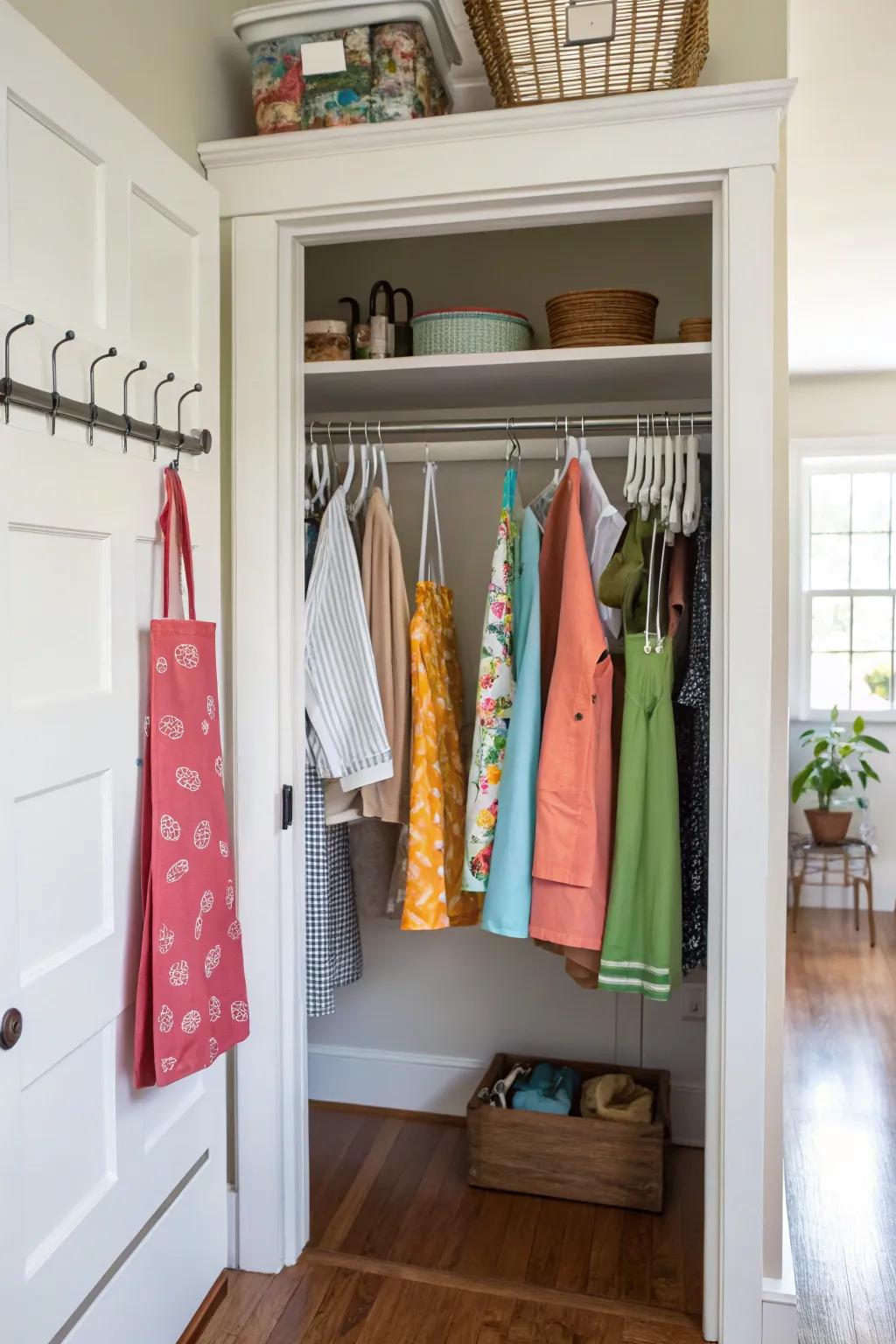 An uncovered storage idea transmutes aprons into an aesthetic assertion.