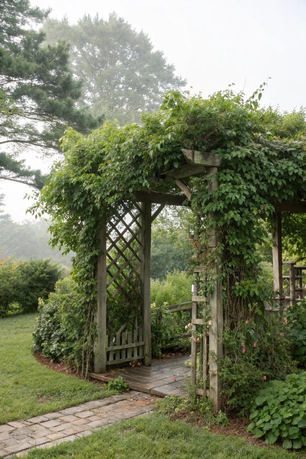 An intimate garden space with a seclusion screen arbor.