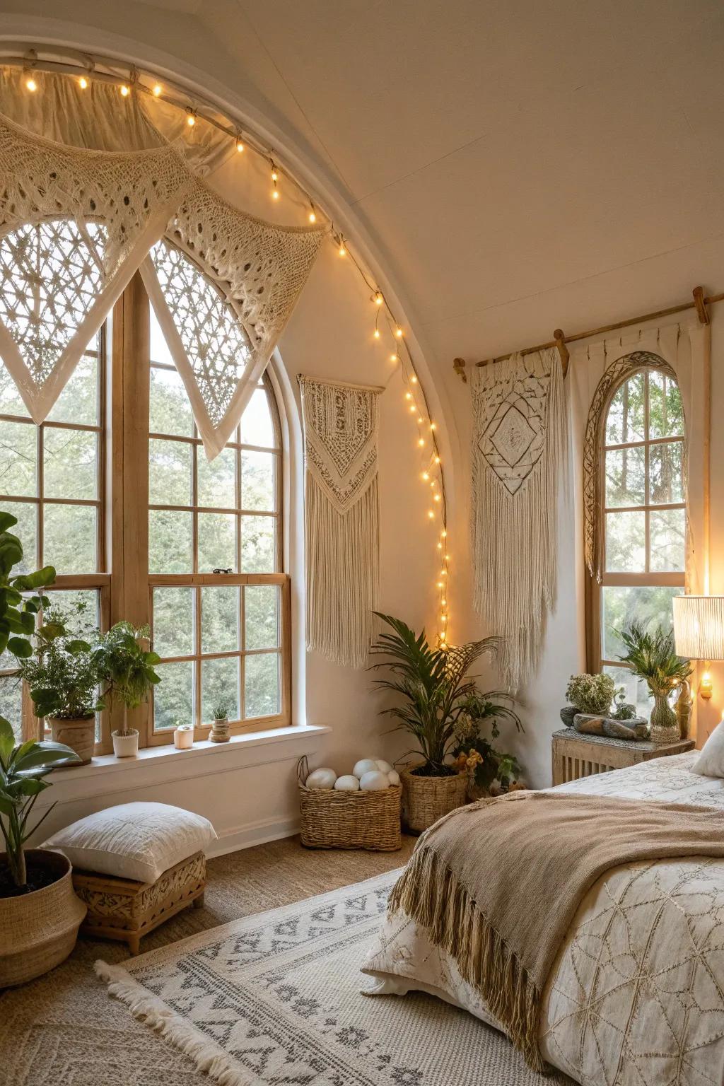 A bohemian bedroom featuring fiber art treatment on arched windows.