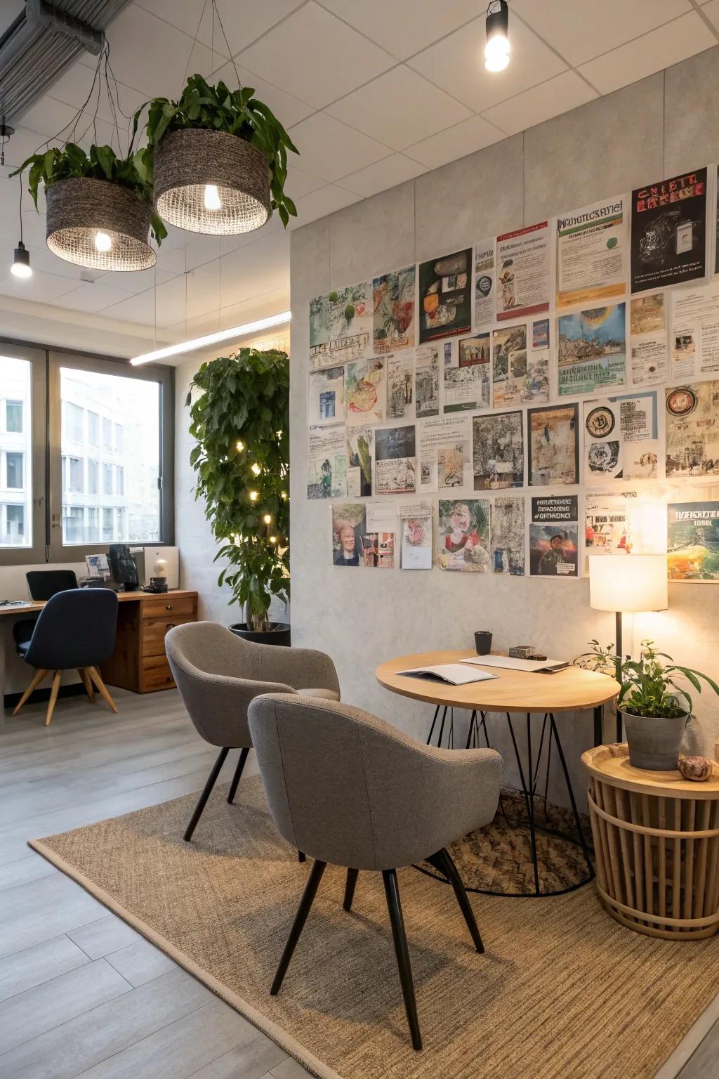 Upcycled art made from old magazines introduces an eco-friendly and artistic touch to this office.
