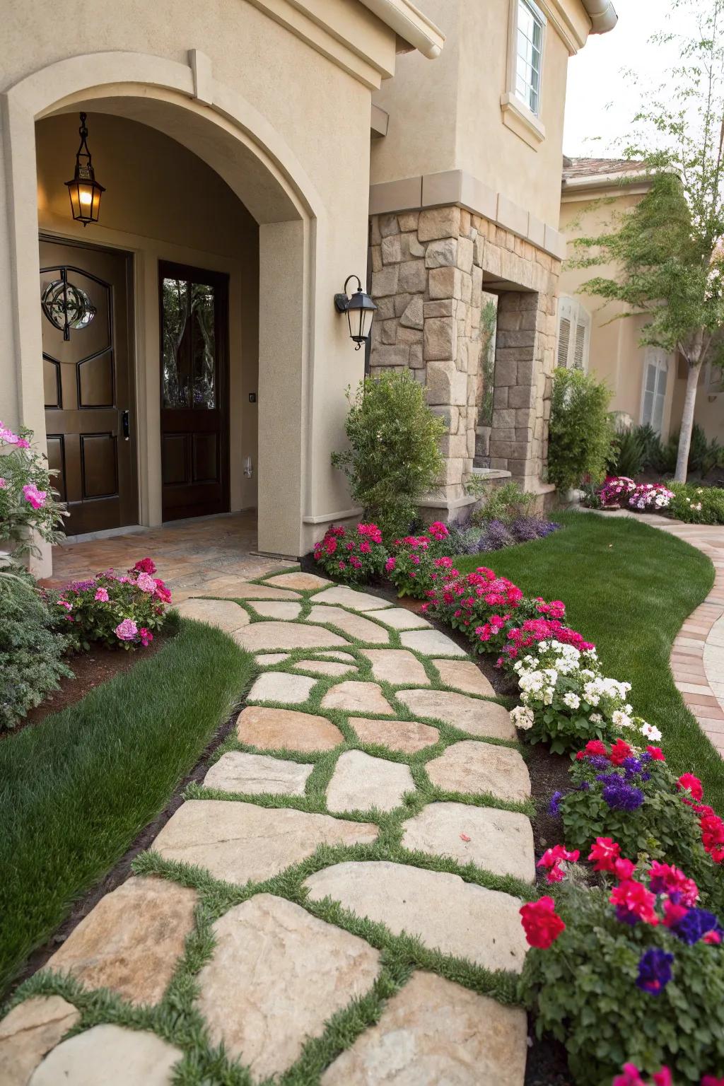 A stylish entryway featuring lush imitation turf.