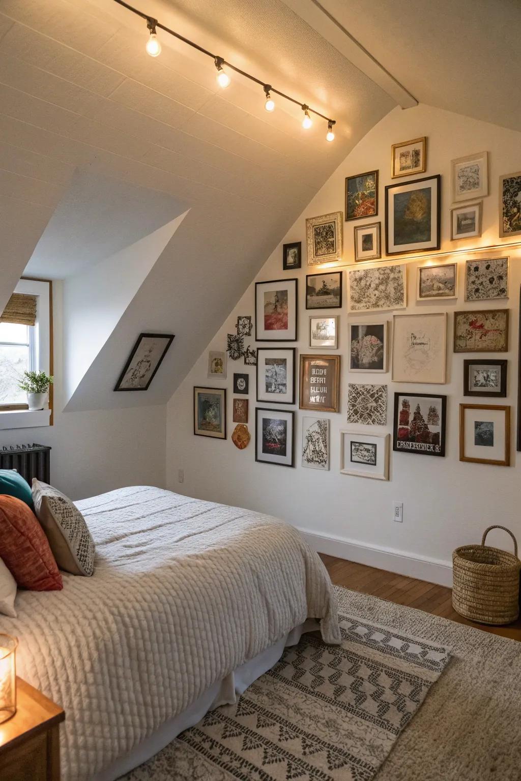 A display wall contributes persona and intrigue to your attic bedroom.