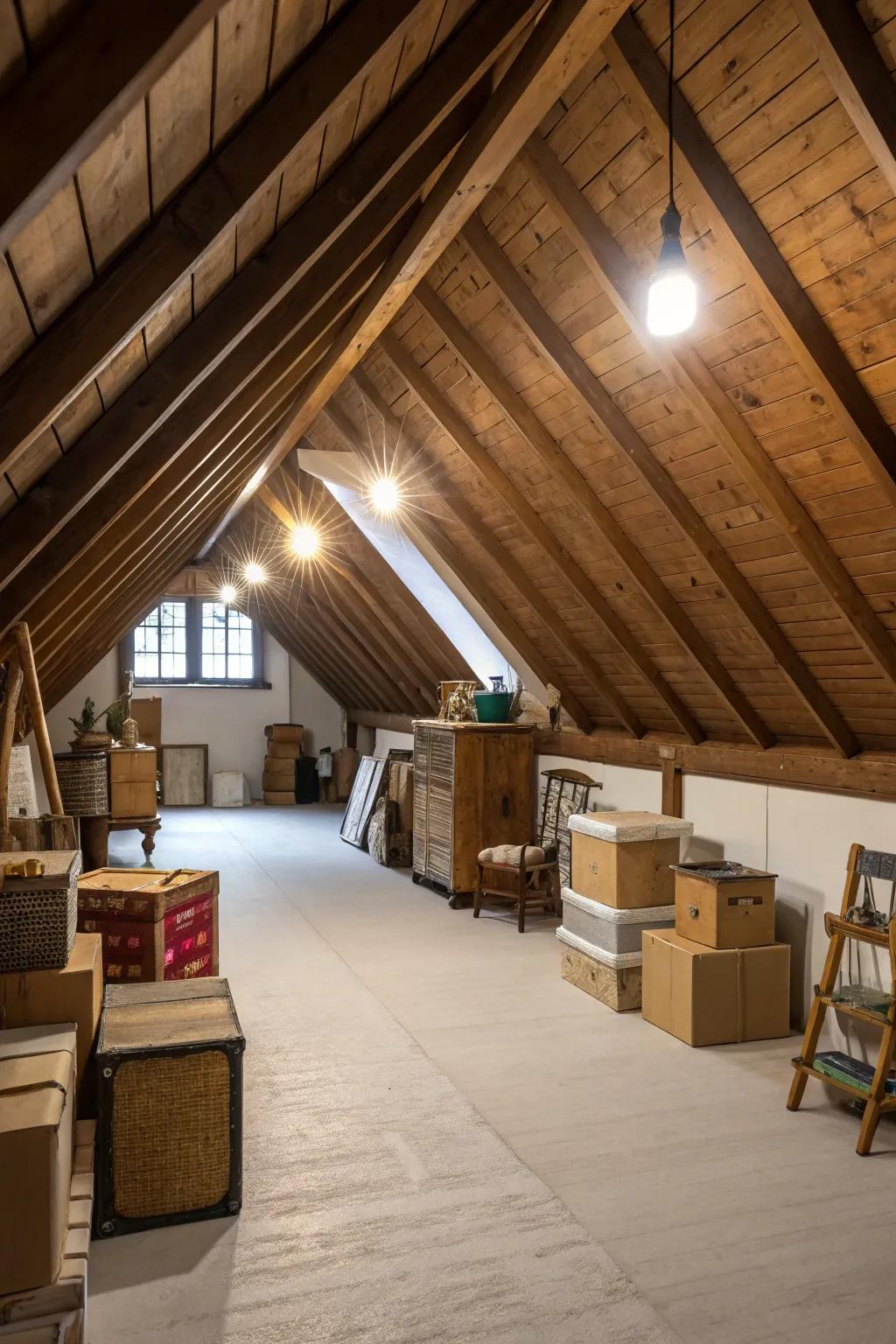 Efficacious illumination converts your attic into a pragmatic storage zone.