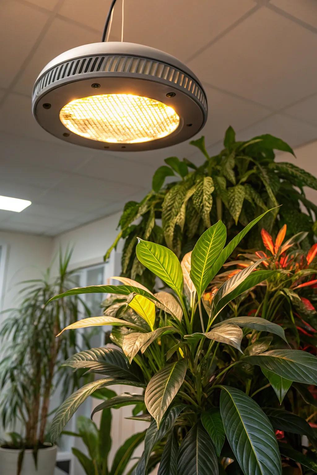Top-affixed ceiling plant lights adding drama to an indoor plant arrangement.