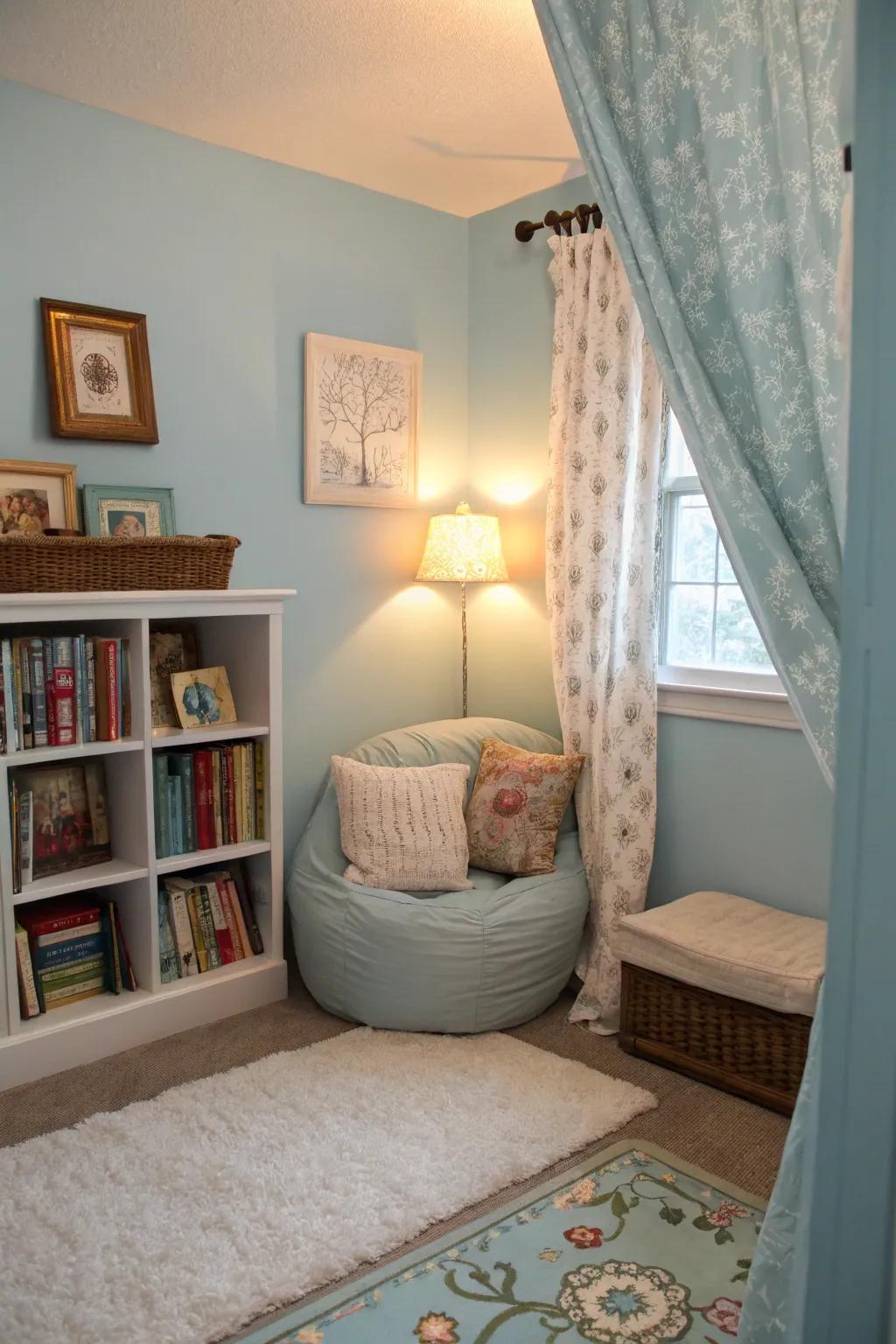 A relaxing nook improves the comfort of a light sky blue-themed bedroom.
