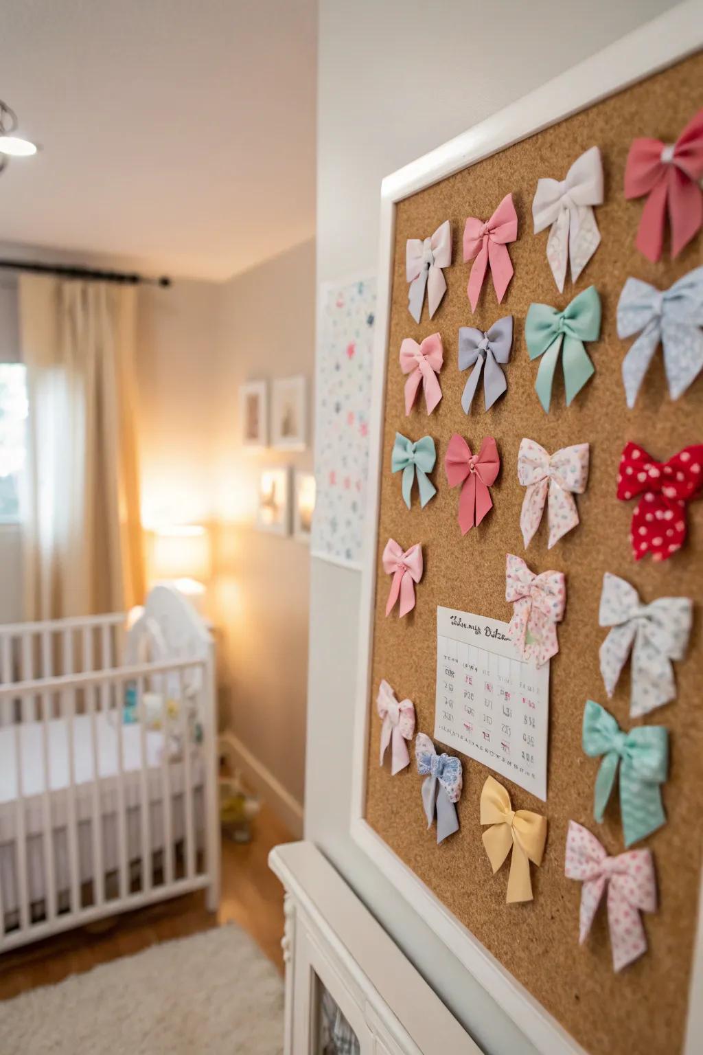 Casual corkboard display for arranging baby bows.