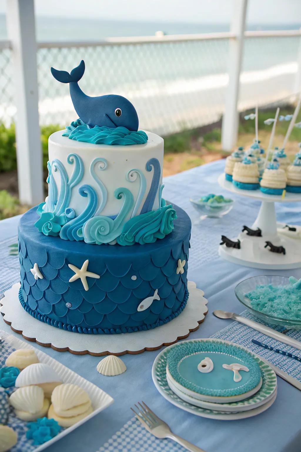 A whale-themed cake featuring playful oceanic decorations.