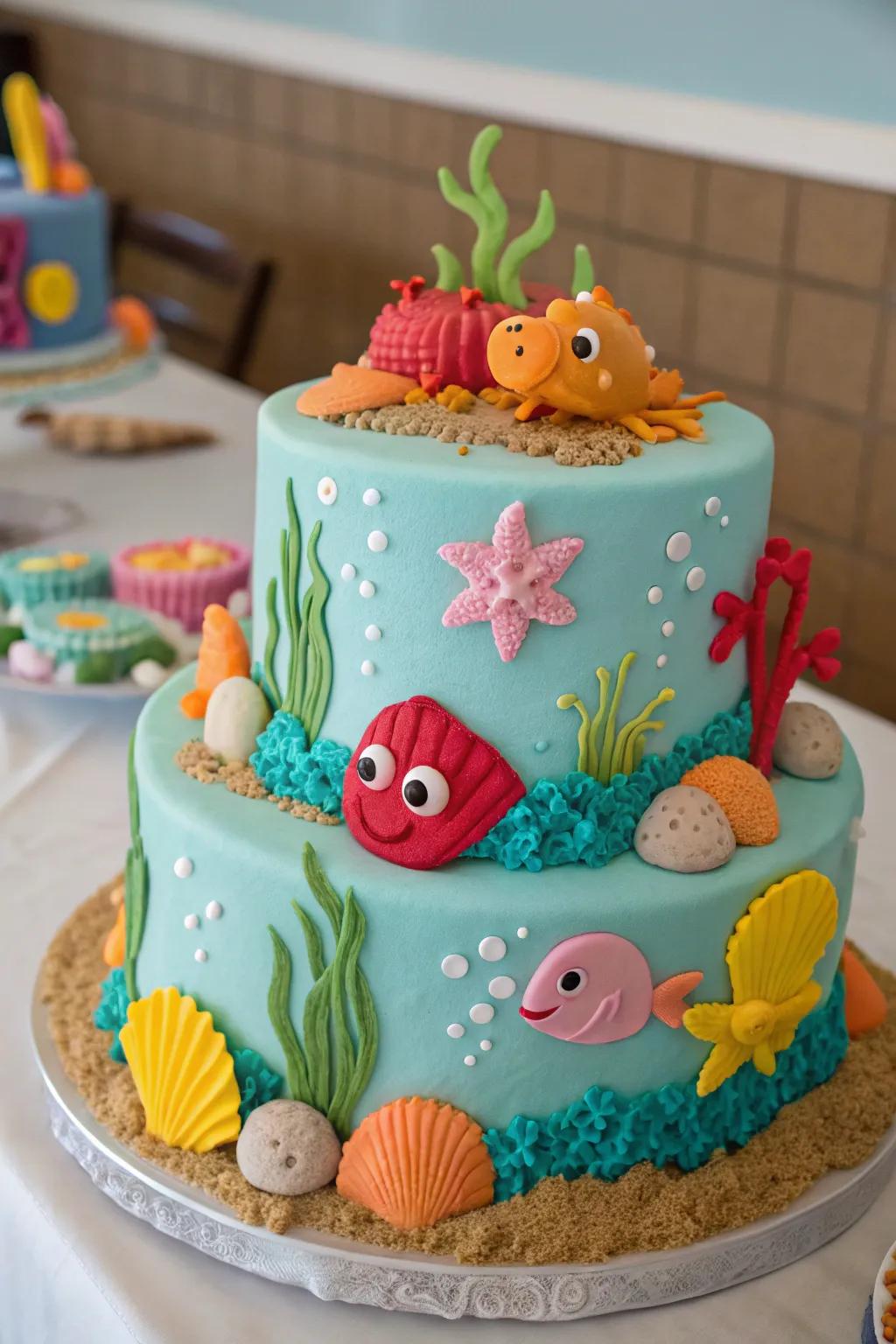 A cake with ocean themes, perfect for a baby boy gathering.