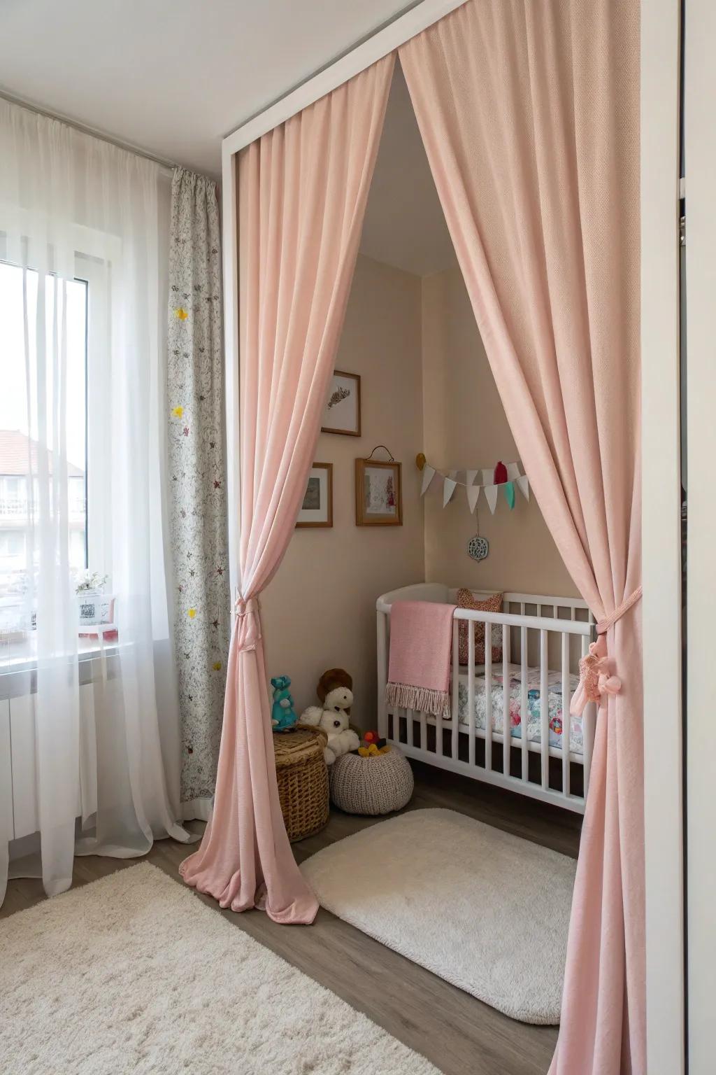 Drape dividers offer privacy and define the baby area within a shared space.