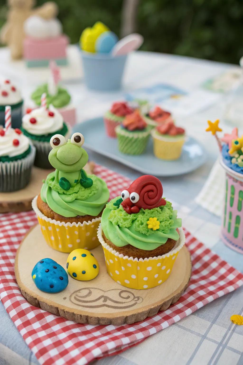 Toad and snail-topped cupcakes for a boyish charm.