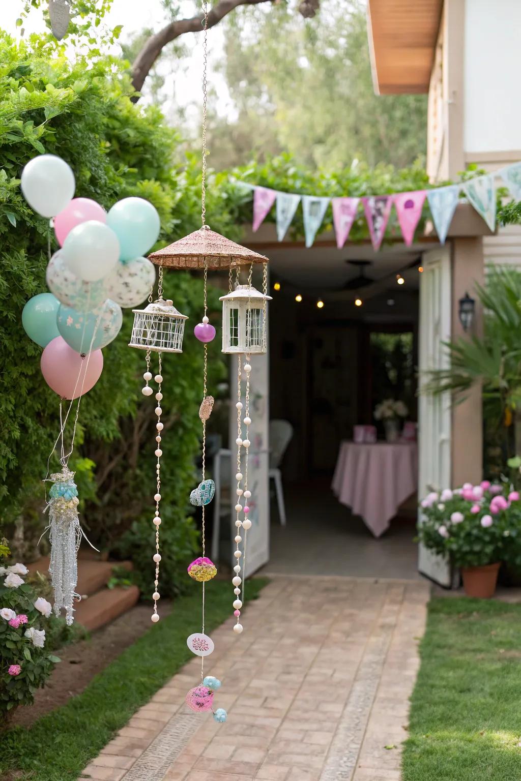 Whimsical musical mobiles add a playful and peaceful touch to the entrance.