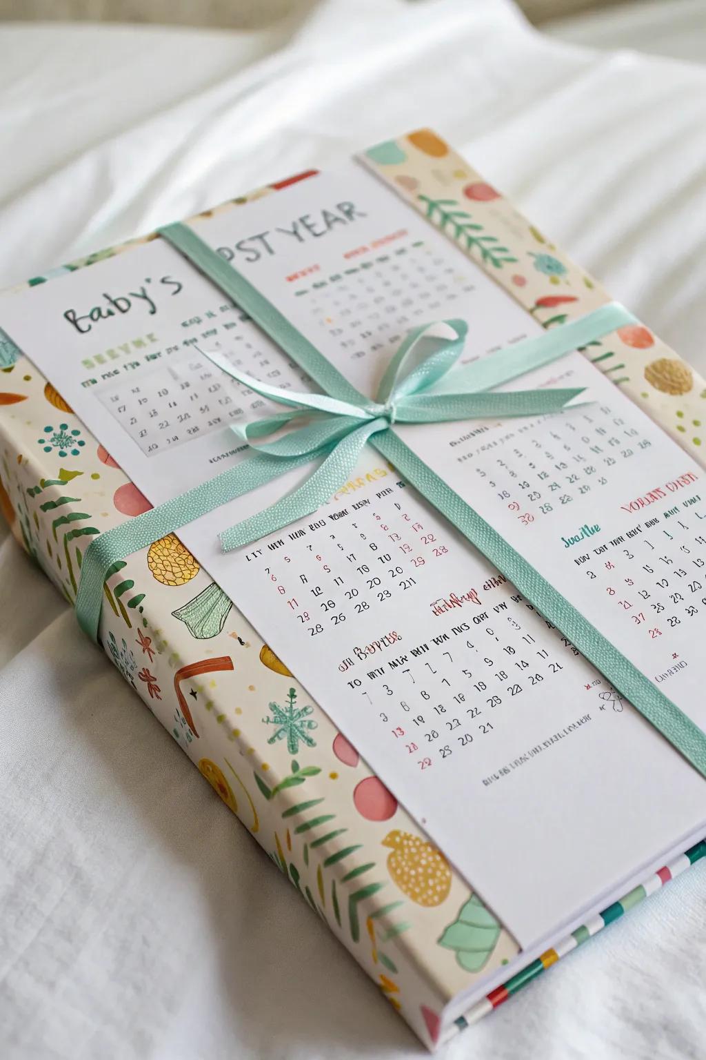 A heartfelt gift covered with a baby’s first year calendar, perfect for a baby shower.