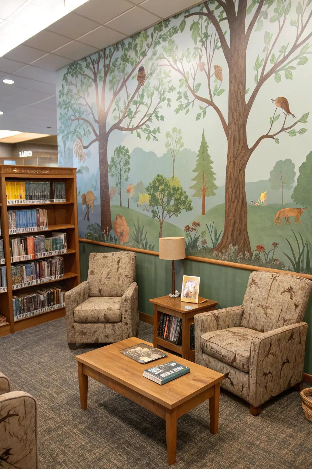 A reading room featuring a forest-themed wall showcasing a woodland graphic.
