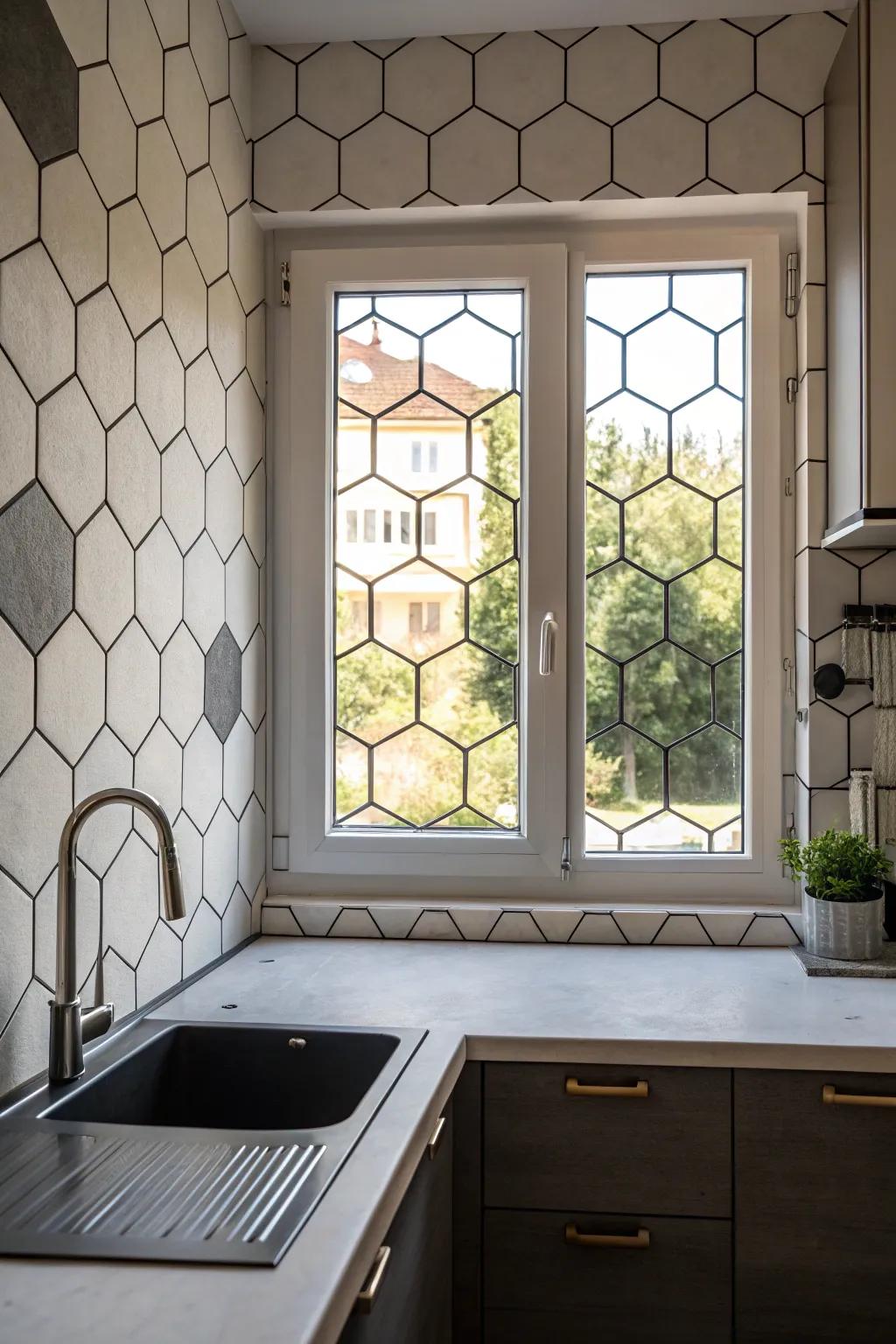 Multi-sided tiles providing a contemporary edge around a kitchen window.