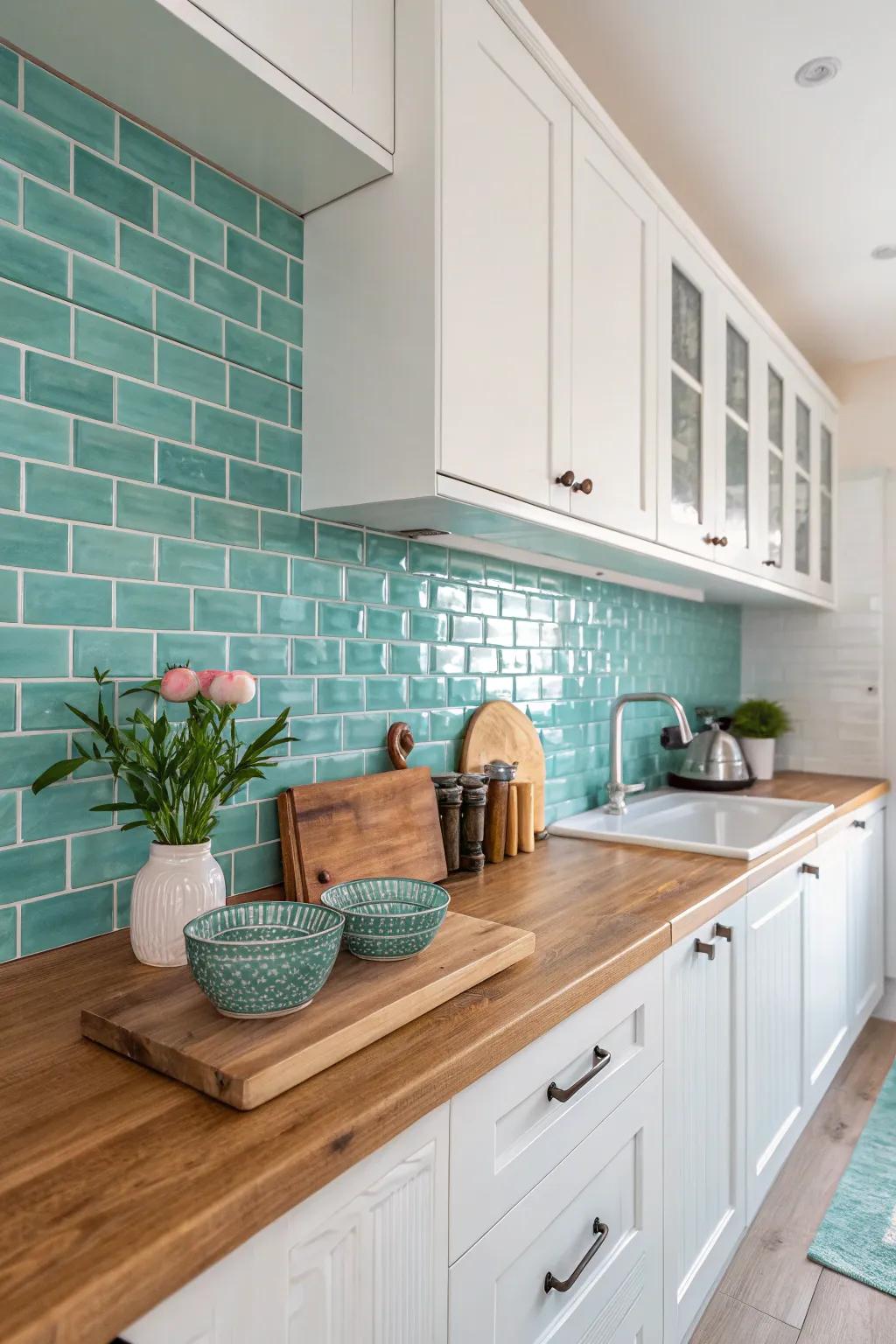 With a tranquil blue-green backsplash, enjoy serene vibes.