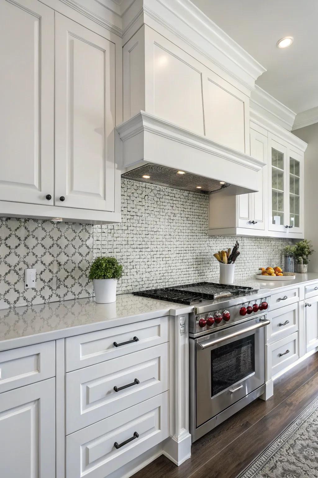 One-tone tiles present a minimalist appearance within this white kitchen.