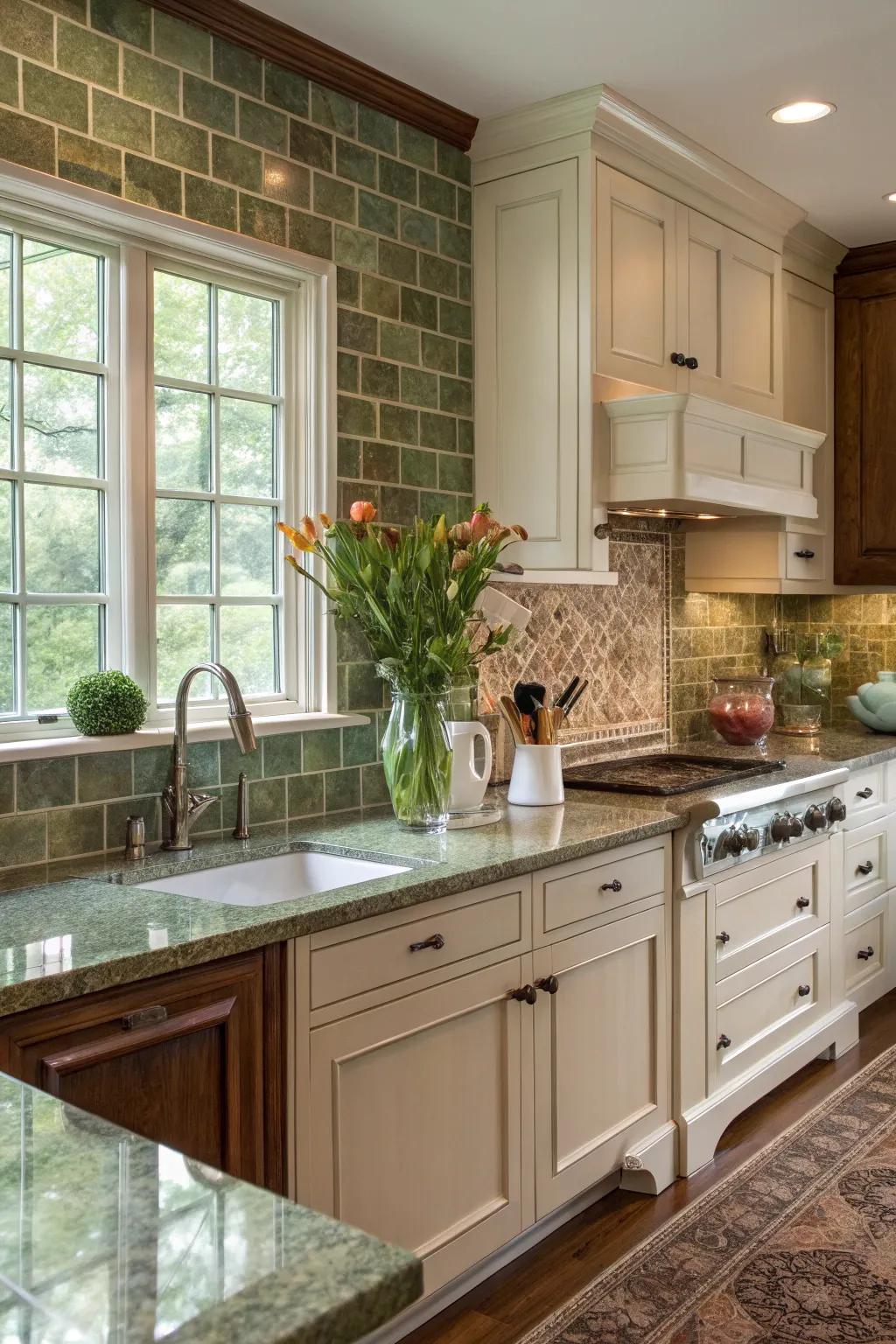 Herb garden tiles offer a serene complement to fantasy brown granite.