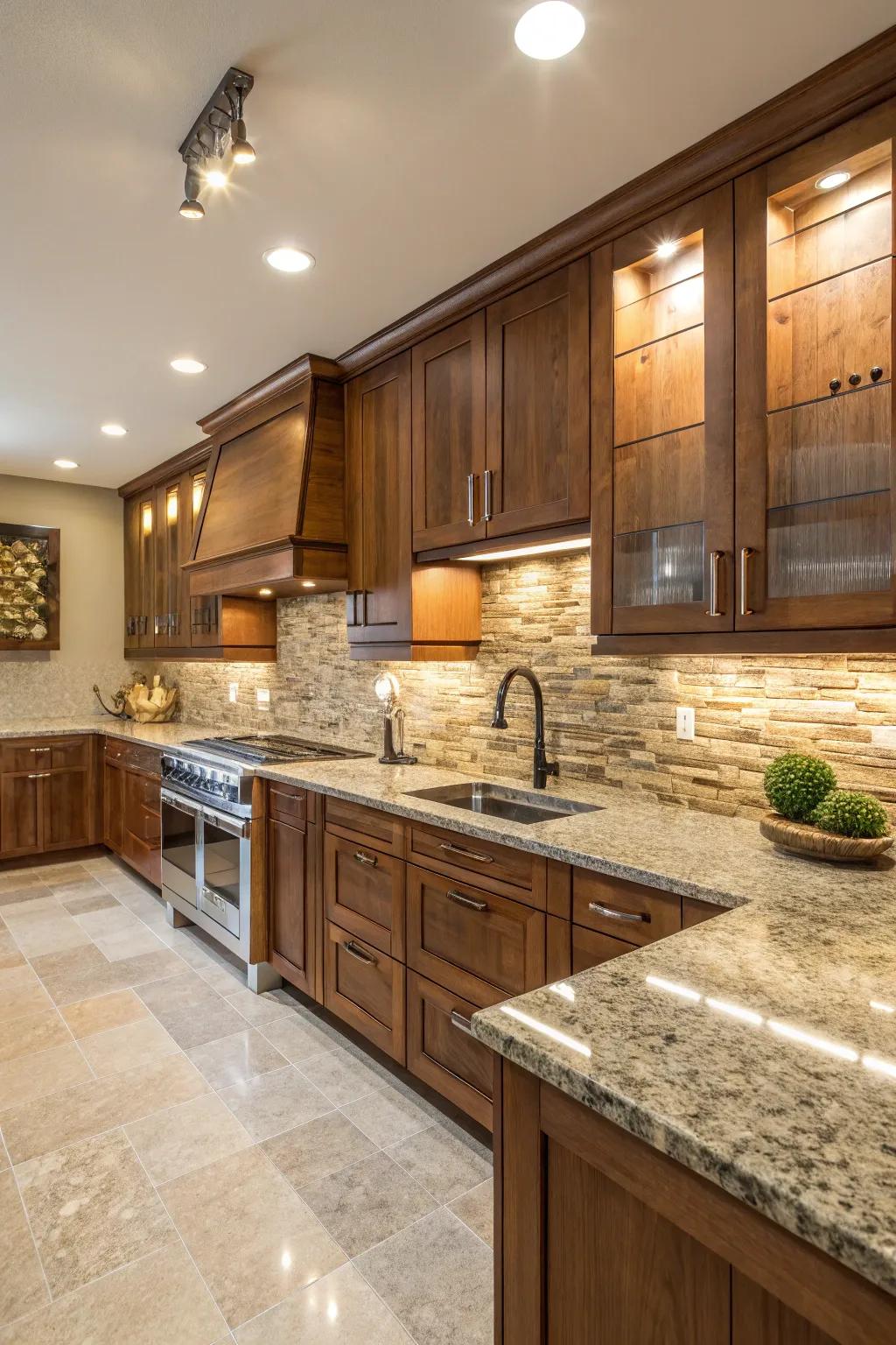 Granite worktops are warmed up with wood accents.
