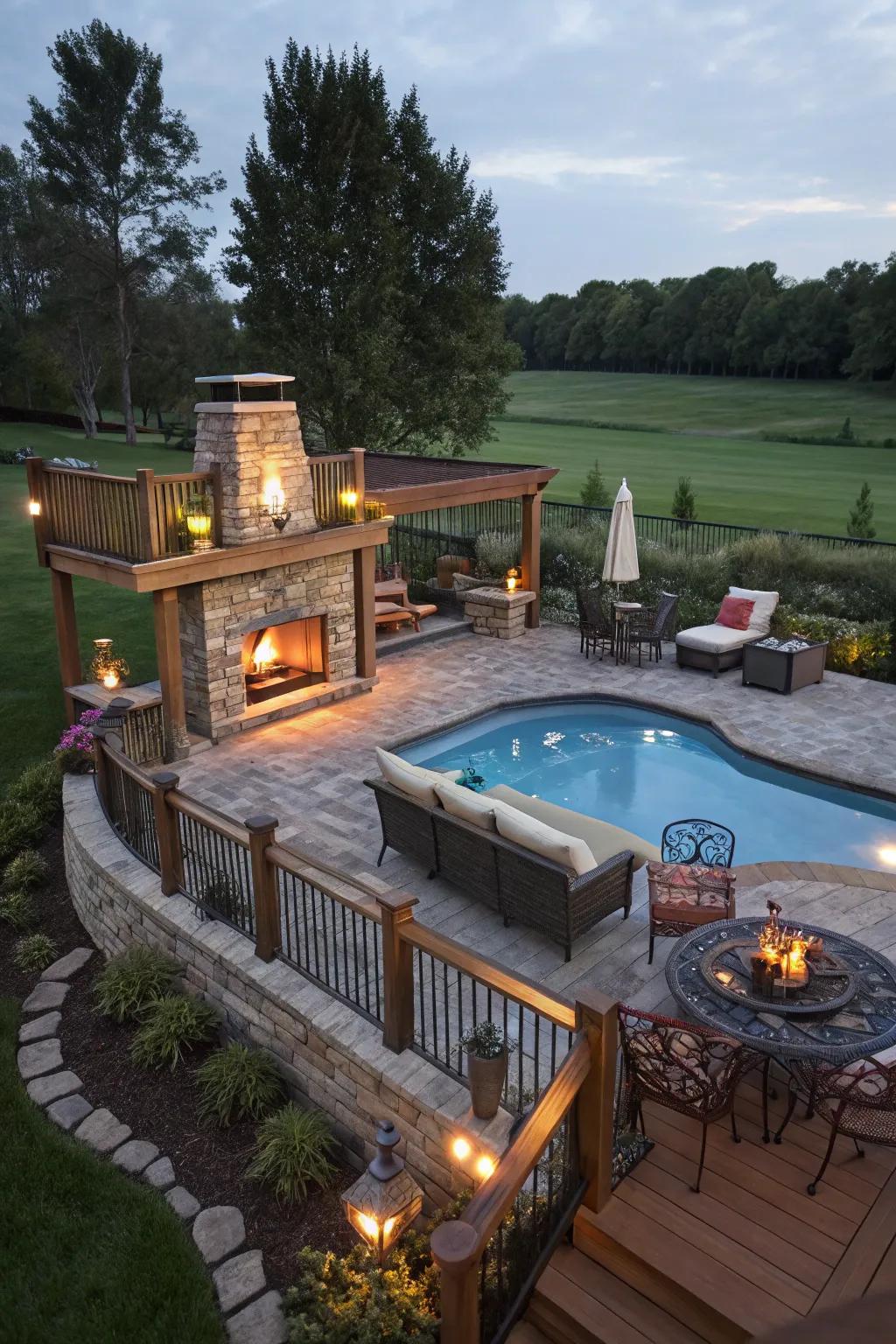 An exterior hearth injects warmth and ambiance into your pool deck.
