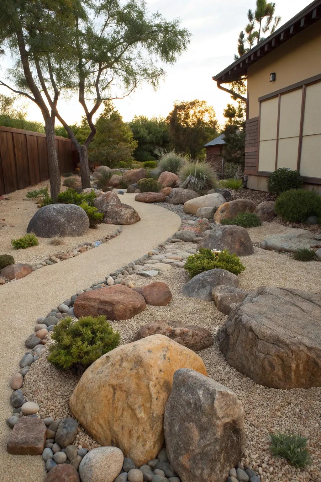 Integrate crushed rock with rocks for a stunning and low-maintenance garden feature.