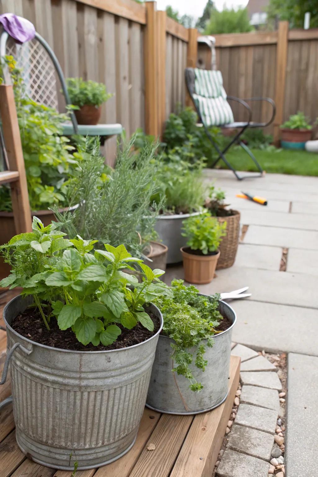 A vibrant herb garden in repurposed containers.