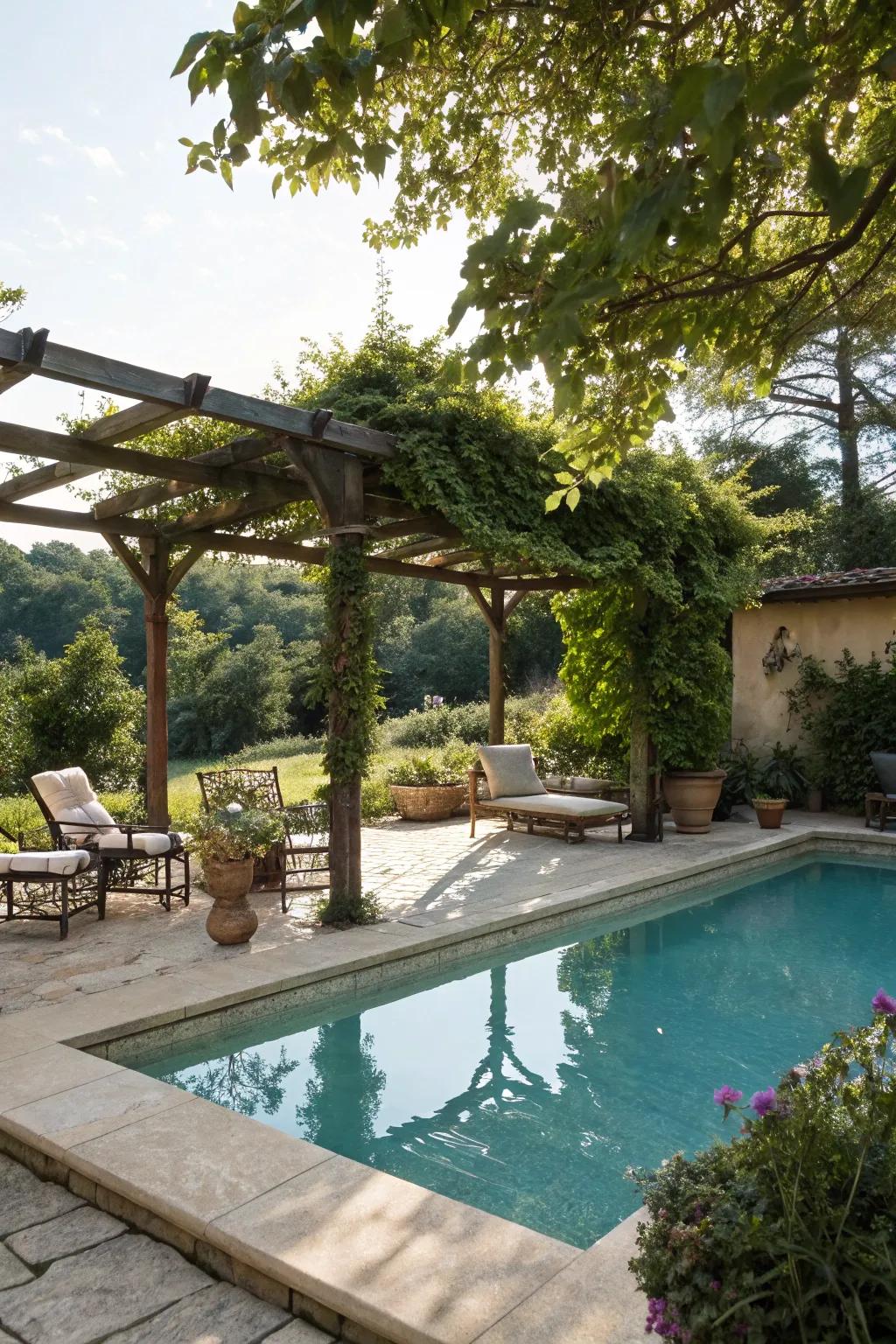A snug poolside nook heightened with a pergola.