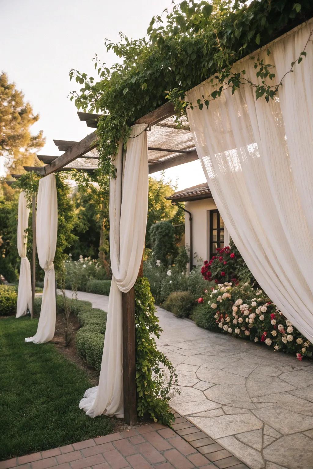 An archway with drapes contributes refinement and seclusion.