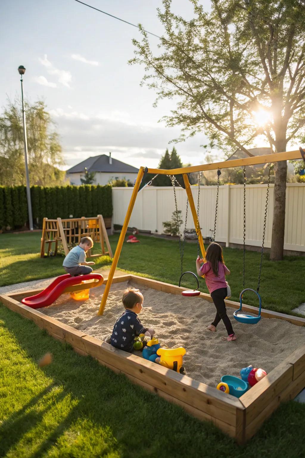 Children's play areas render the backyard a joyous space for the entire family.