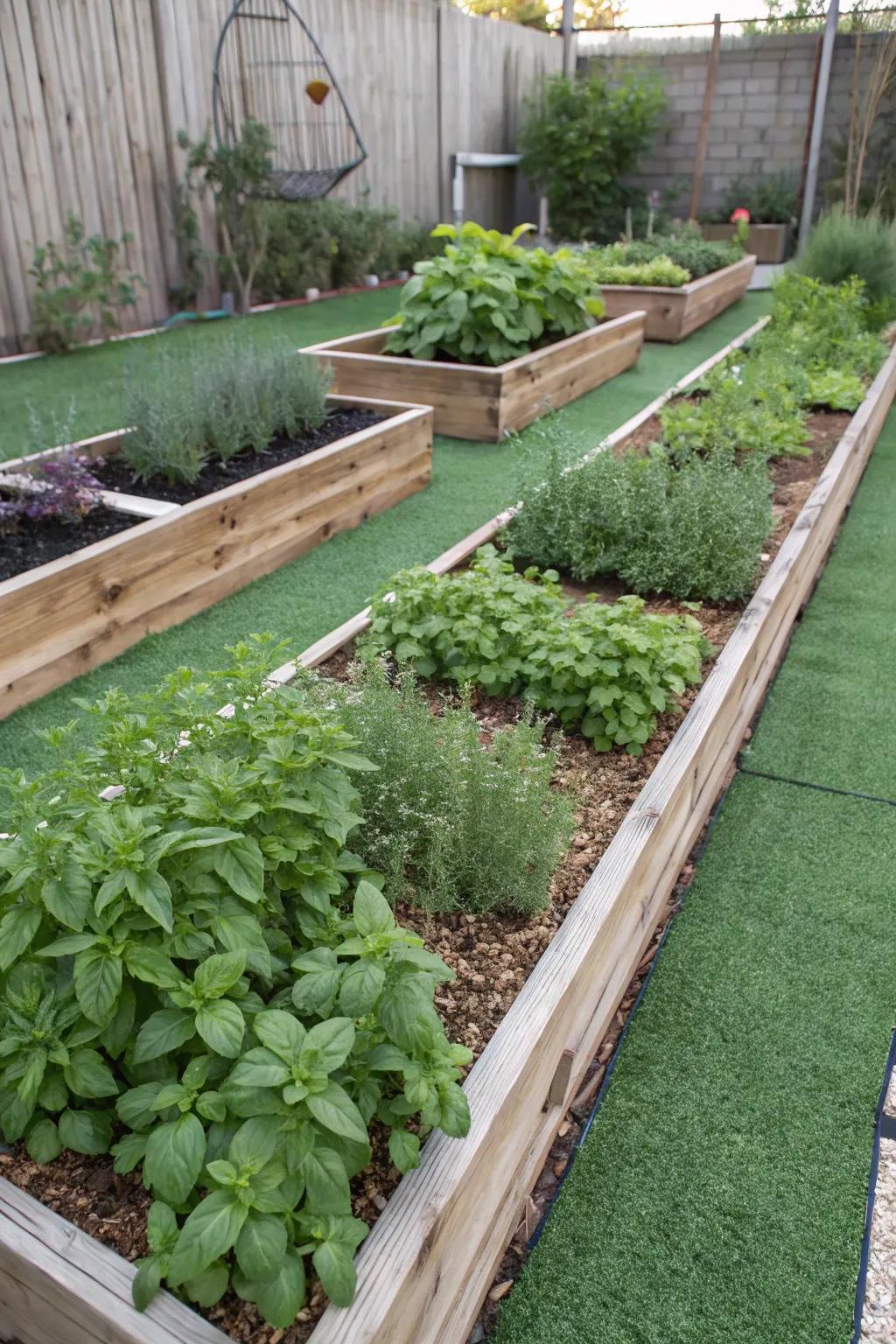 Lush turf surrounds herb gardens.
