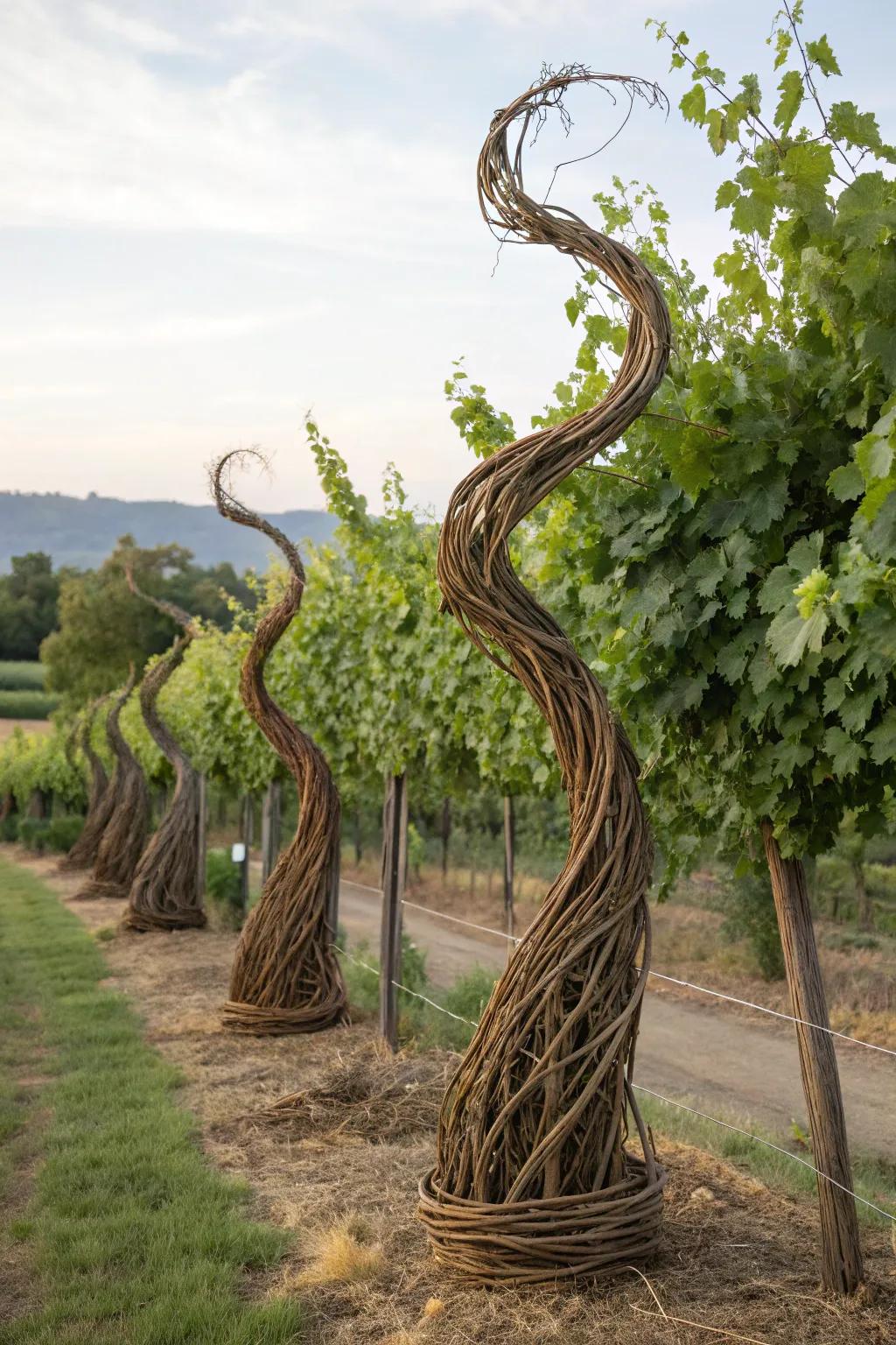 Grapevine sculptures add artistry.