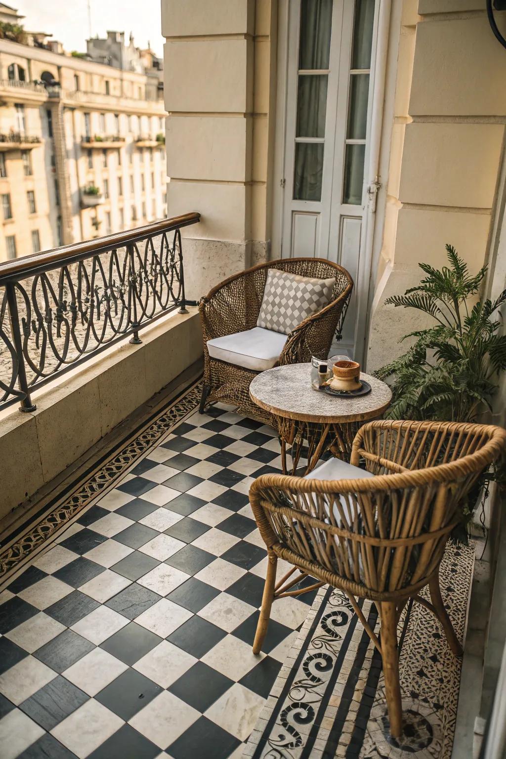 Checkerboard flooring adds a bold, playful design, perfect for a stylish statement.