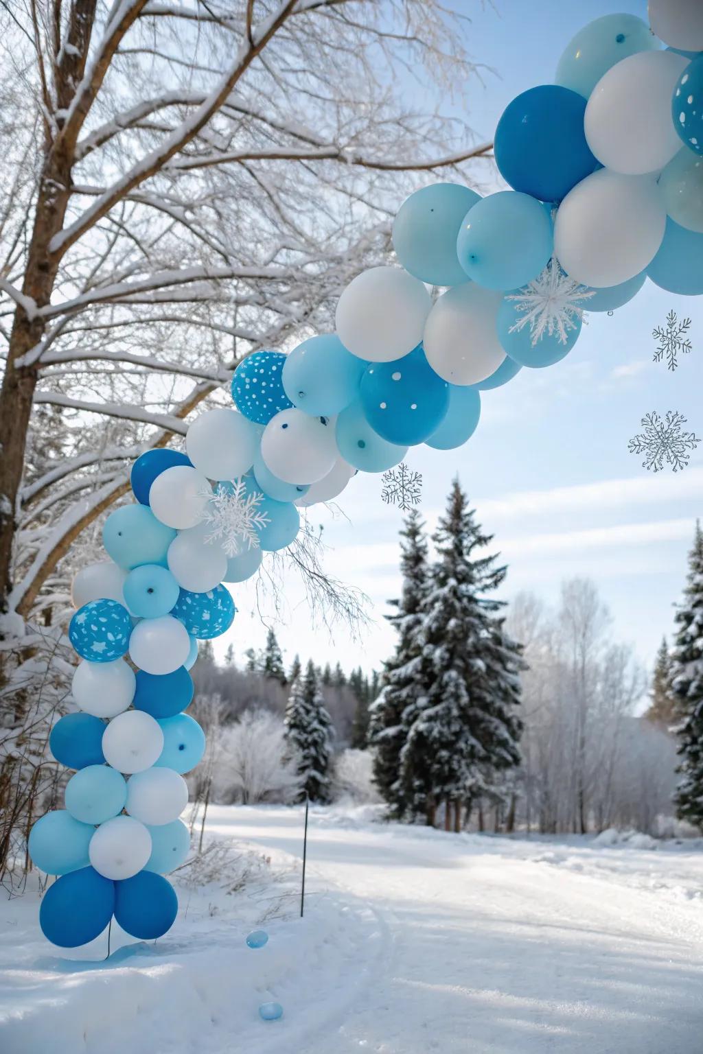 A winter wonderland balloon garland for a snowy feel.