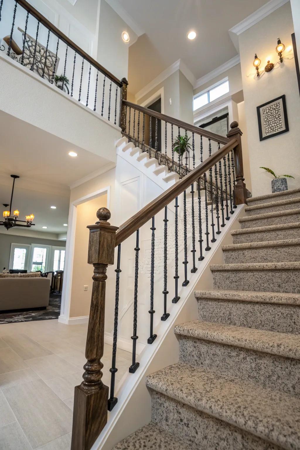 Distinct textures using textured finish staircase rails.