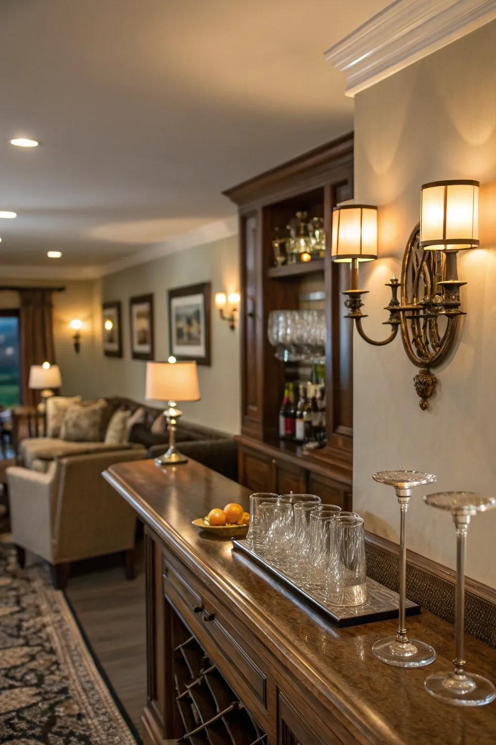 Wall lights contribute sophistication and ambient lighting to the bar.