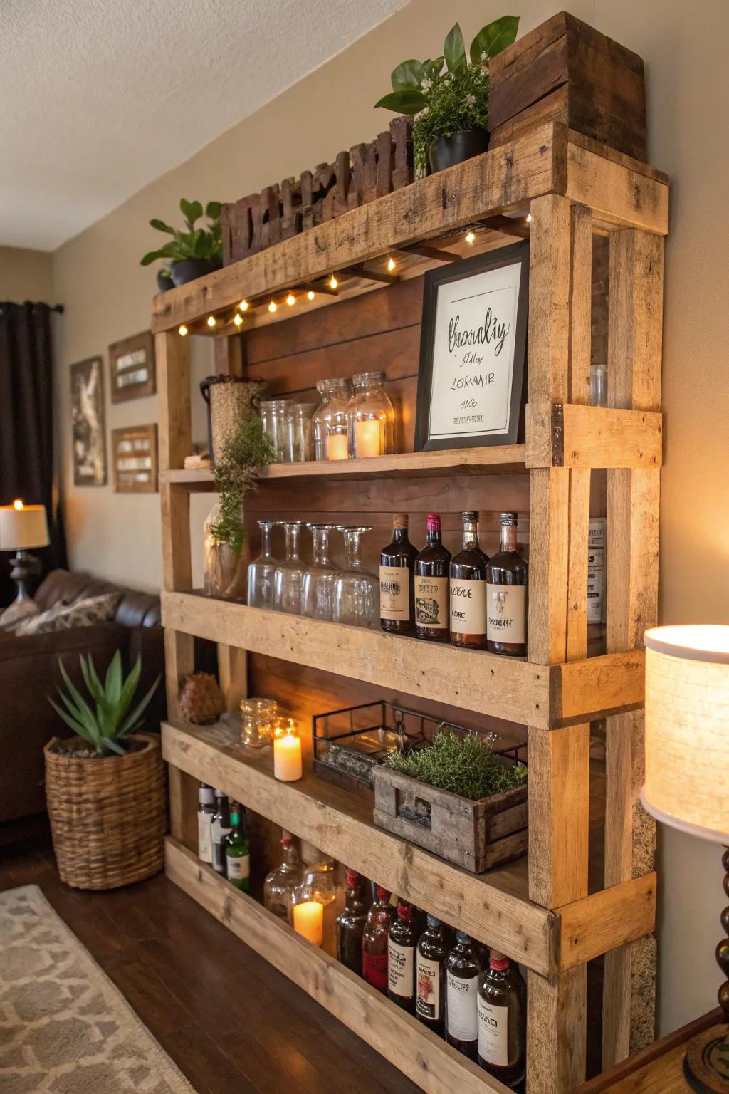 Skid shelves bring country appeal to your bar.