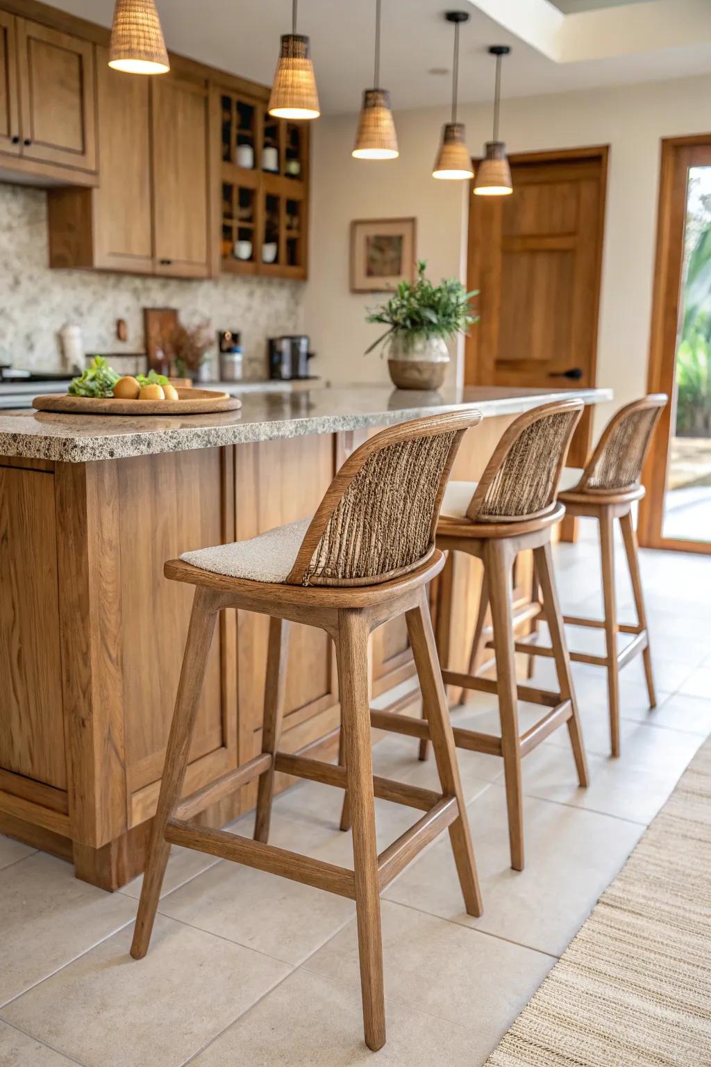 Environmentally-conscious bar stools that boast backs, specifically designed to underscore a sustainable lifestyle choice.