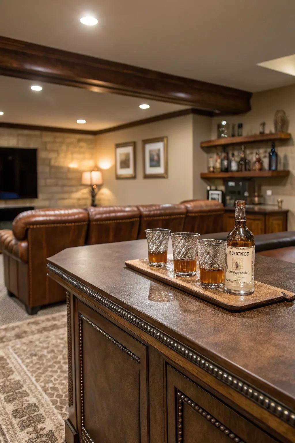 Tanned hide introduces warmth and texture to bar surfaces.