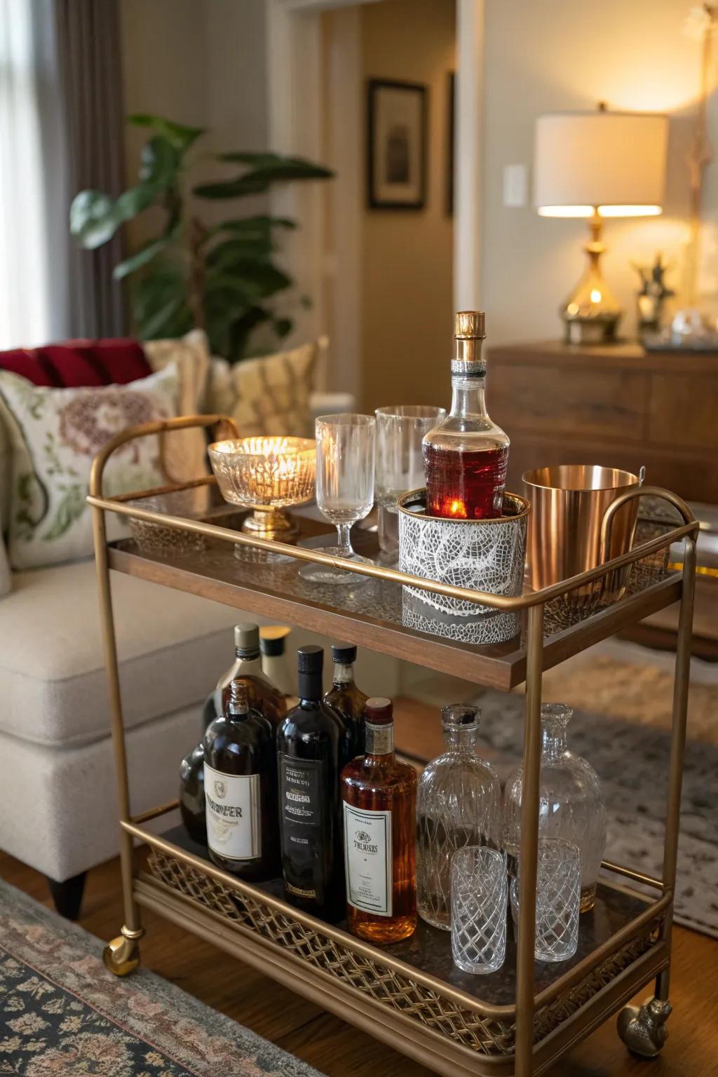 A classic bar trolley adds charm and practicality to your home bar.