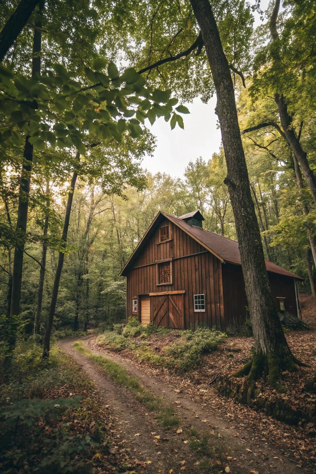 A nature-inspired brown barn that merges seamlessly with the forest scene.