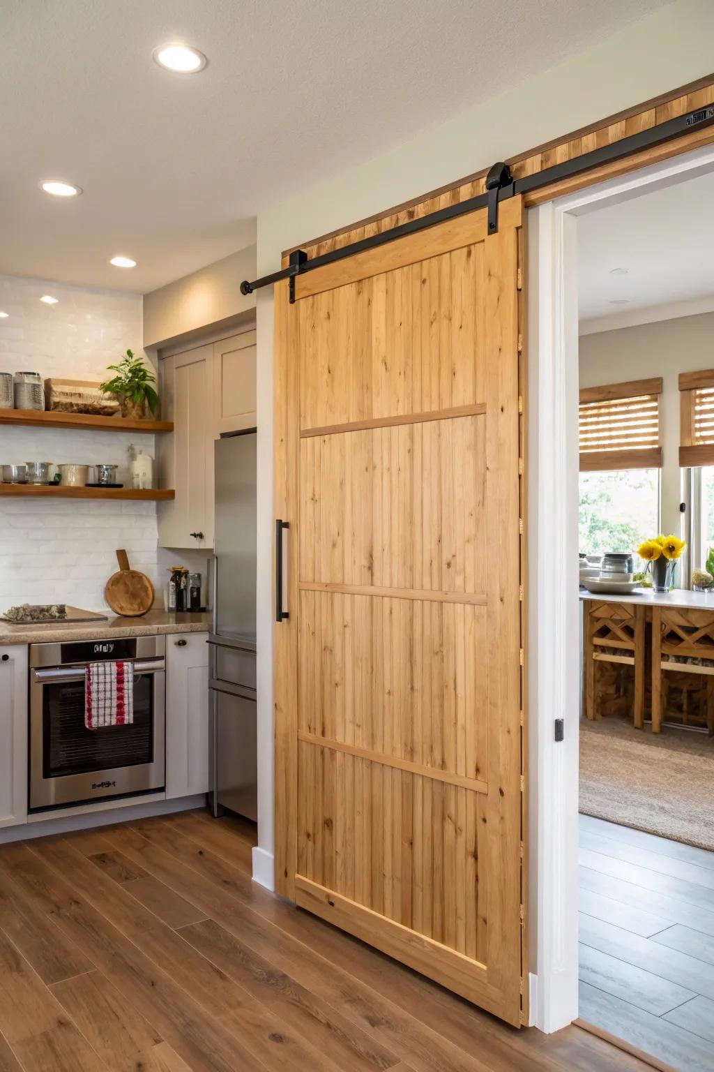 A kitchen featuring a sliding barn door pantry crafted from cane.
